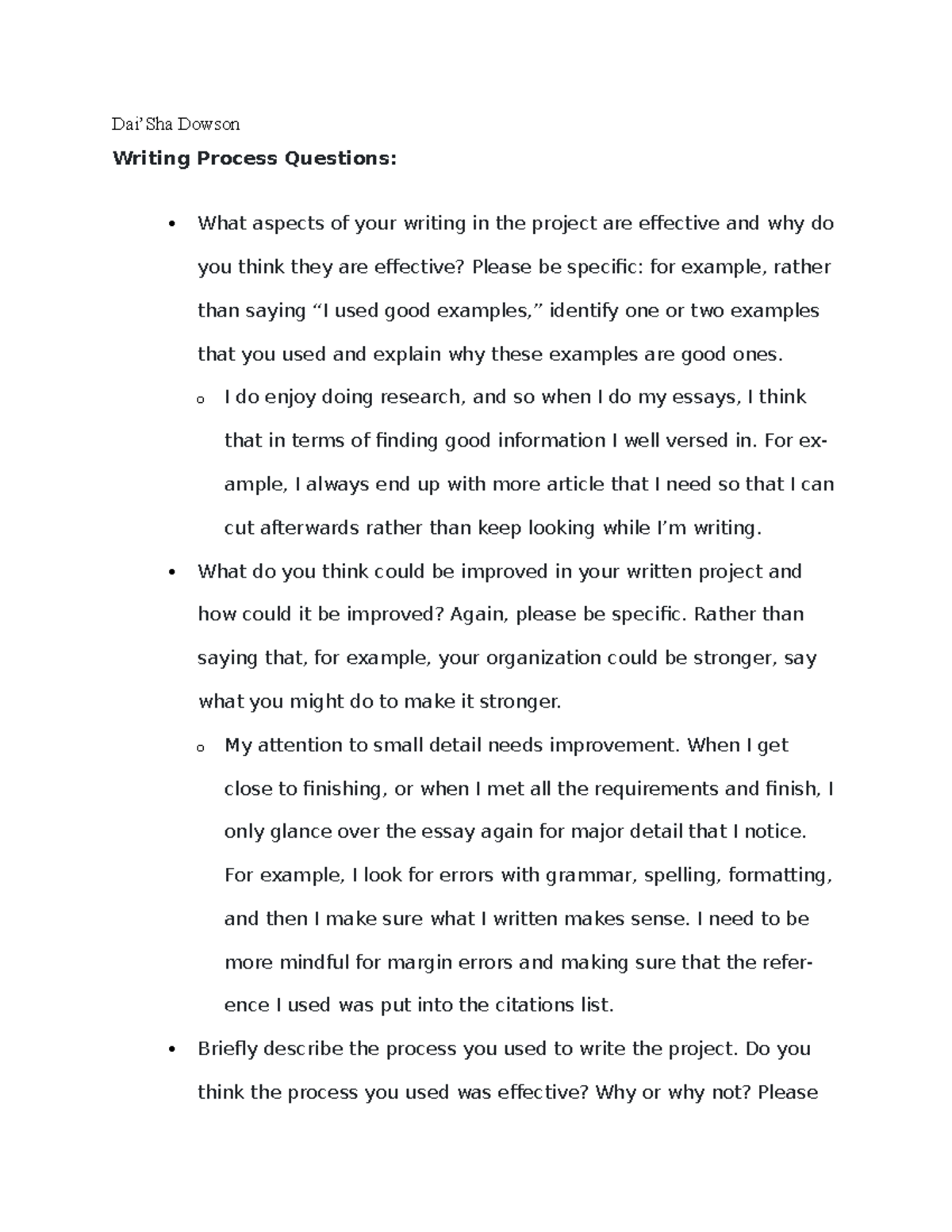 Writing Process Questions - Dai’Sha Dowson Writing Process Questions ...