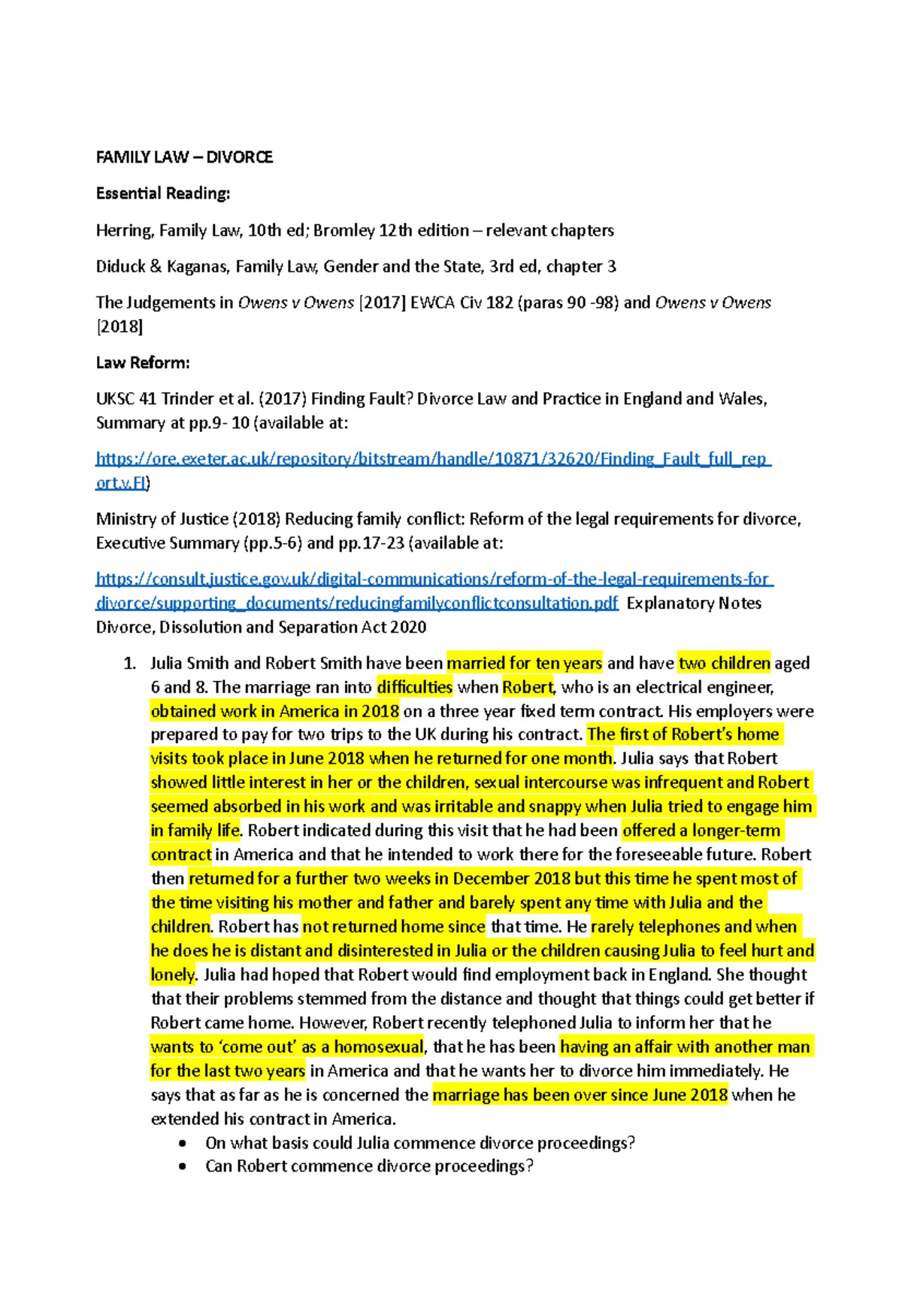 Tutorial 2 marriage, divorce FAMILY LAW DIVORCE Essential Reading