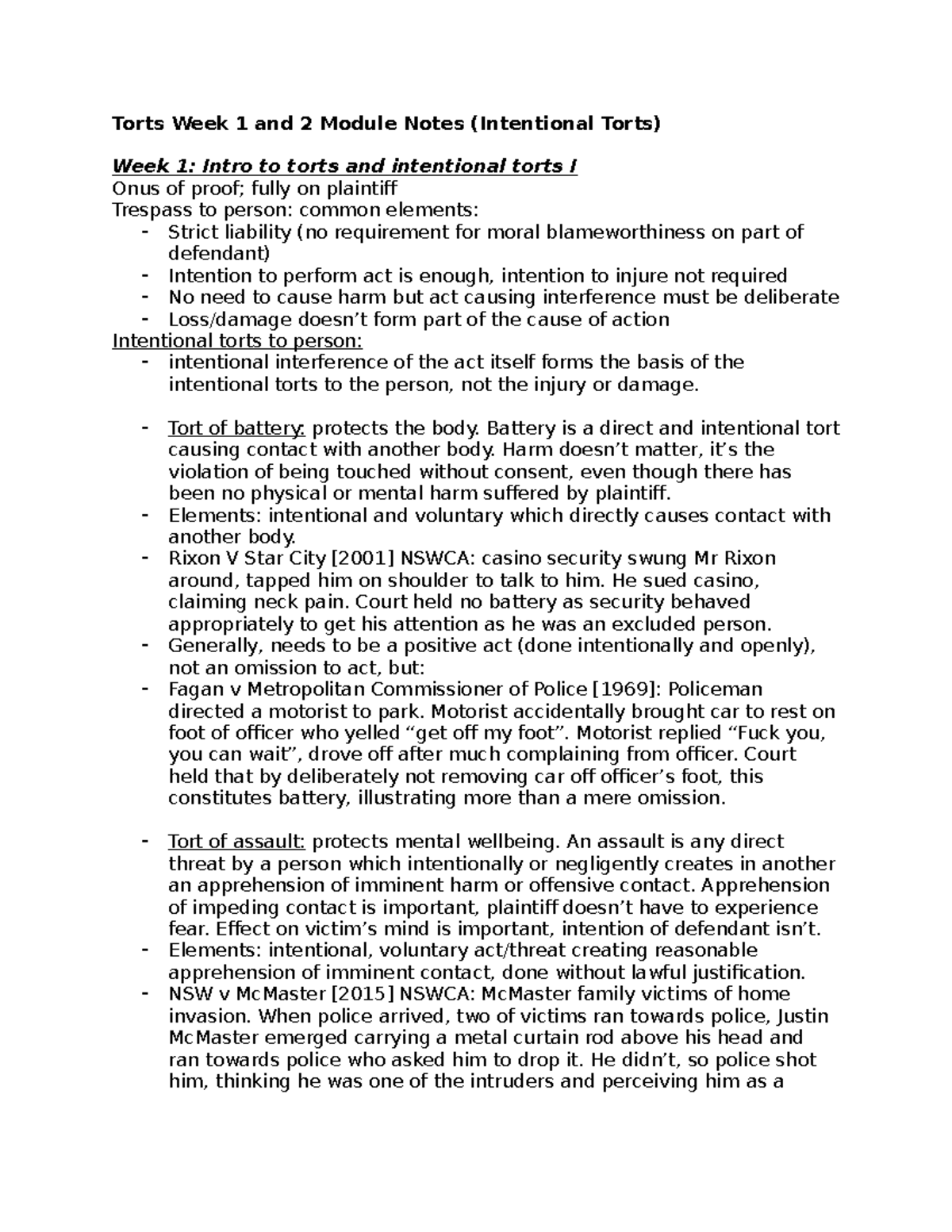 Torts Week 1 and 2 Module Notes (Intentional Torts) - Torts Week 1 and ...