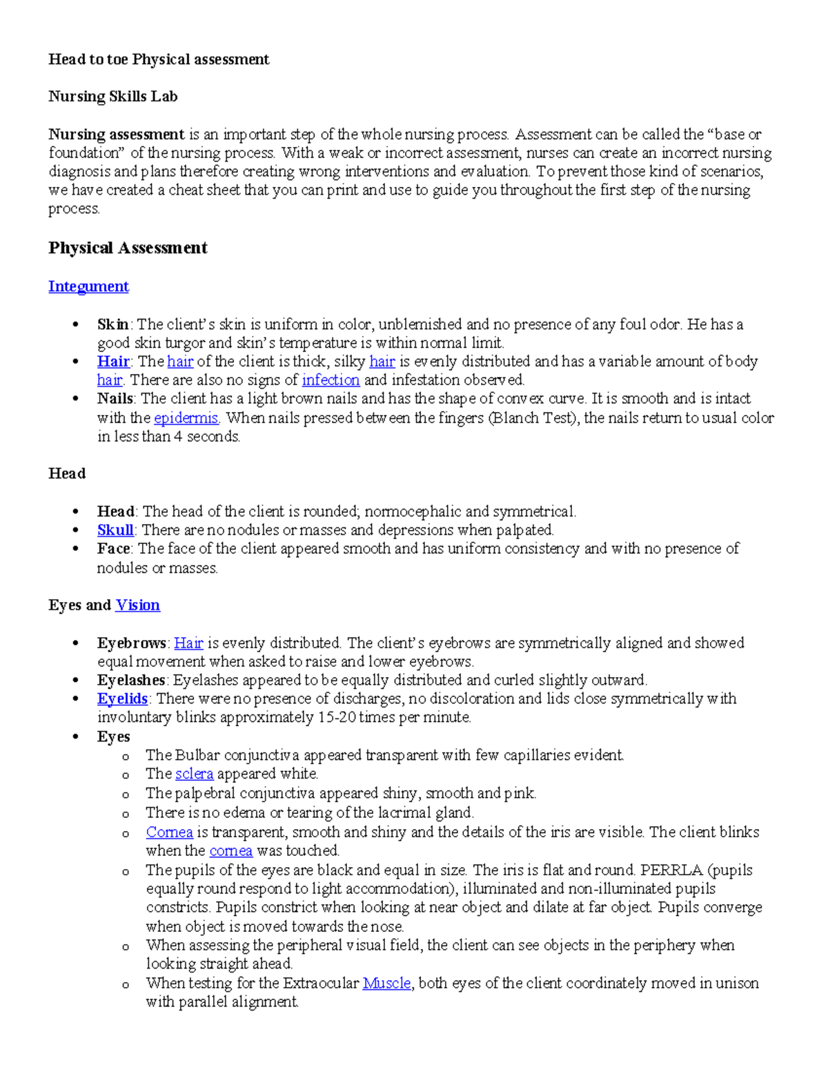 Head to toe assess.Findings-phys assessment information for ...