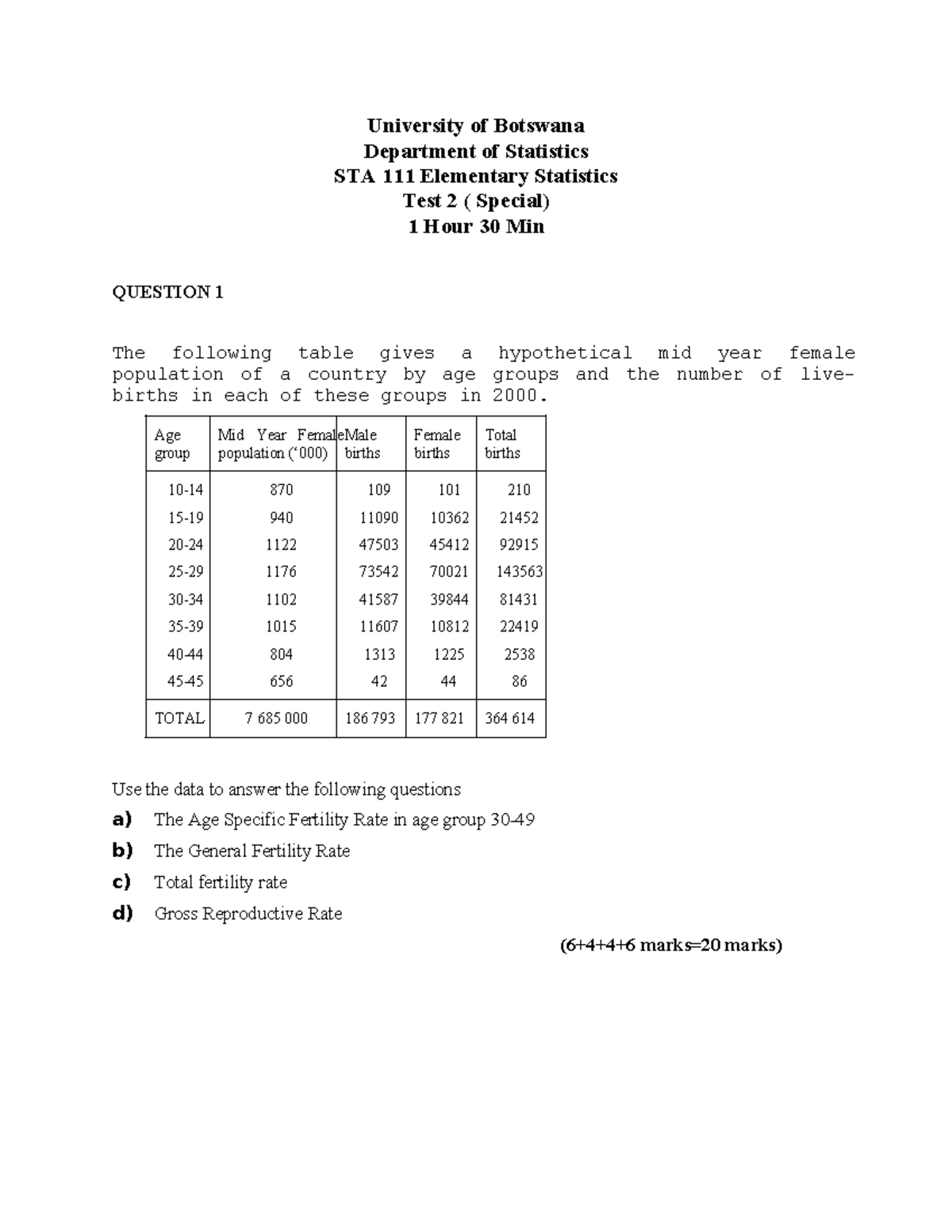 STA 111 Test 2 (special-2) - University of Botswana Department of ...