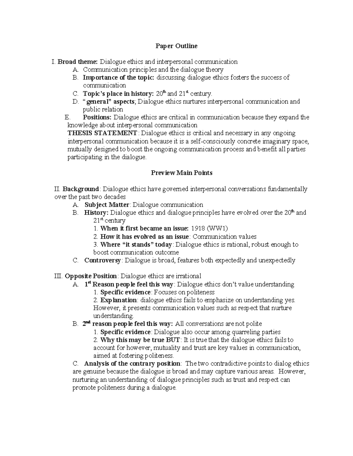 Comm Essay Outline Template Paper Outline I. Broad theme Dialogue