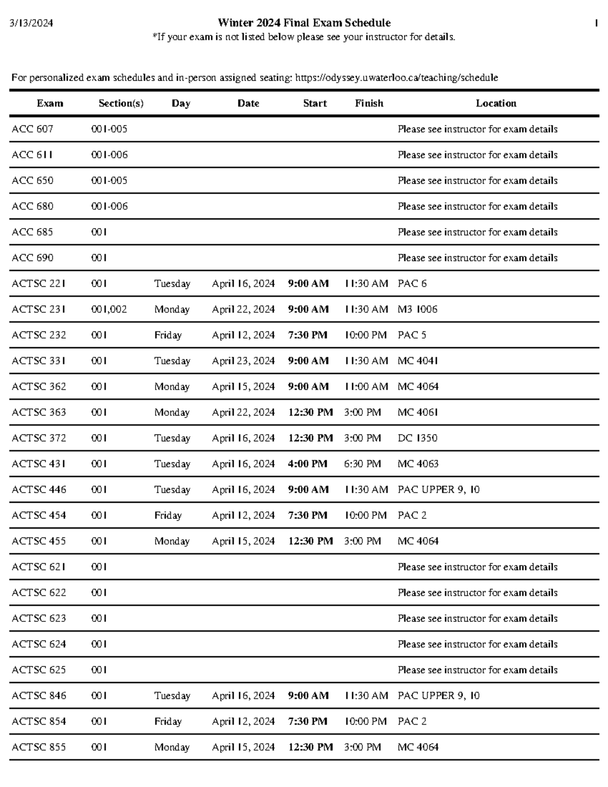 Winter 2024 final exam schedule 1 *If your exam is not listed below