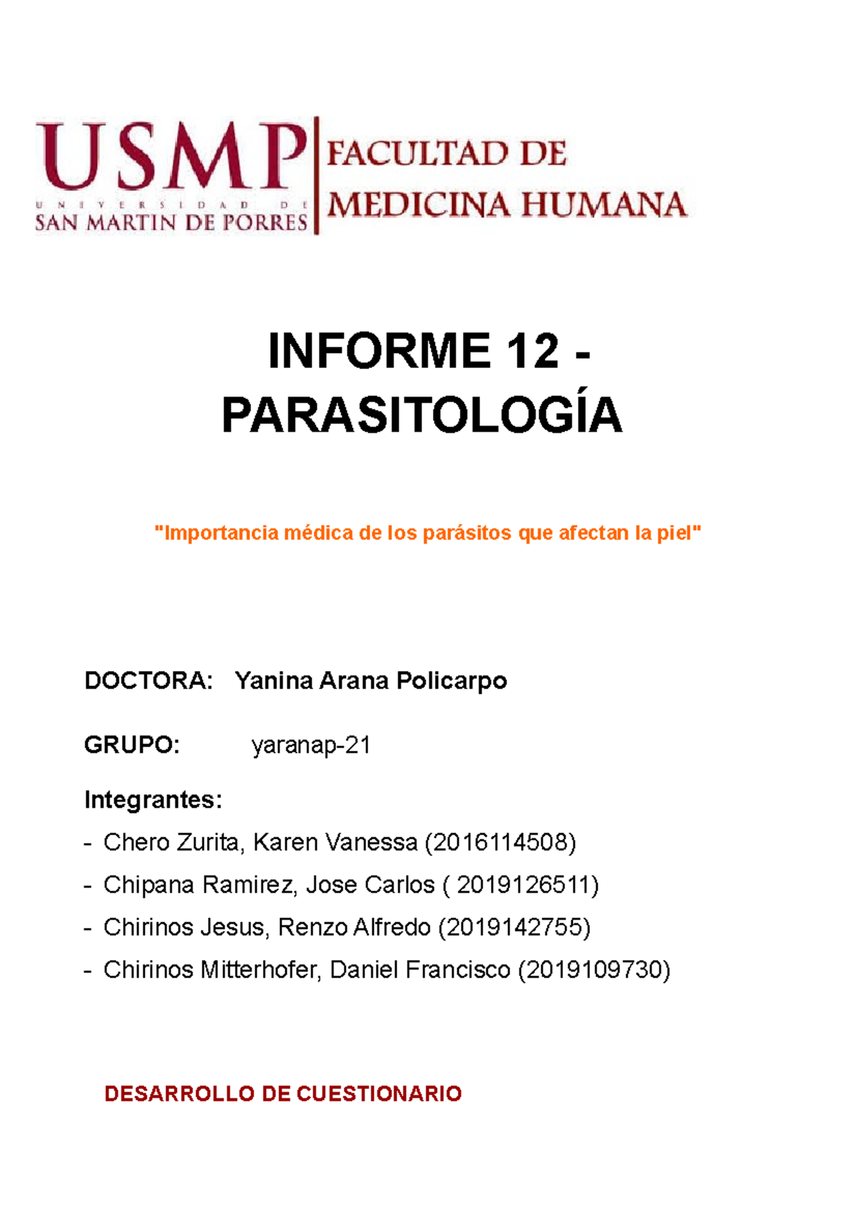 Informe 12. Parasitolog Ã­a - INFORME 12 - PARASITOLOGÍA "Importancia ...