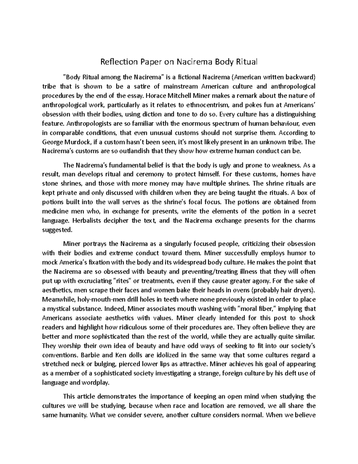 Reflection Paper on Nacirema Body Ritual - Reflection Paper on Nacirema ...