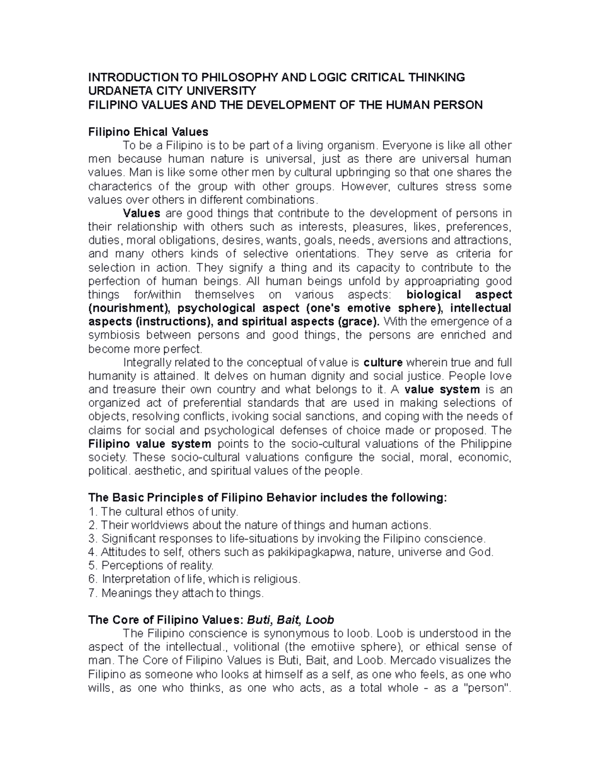 Filipino Values AND THE Development OF THE Human Person - INTRODUCTION ...