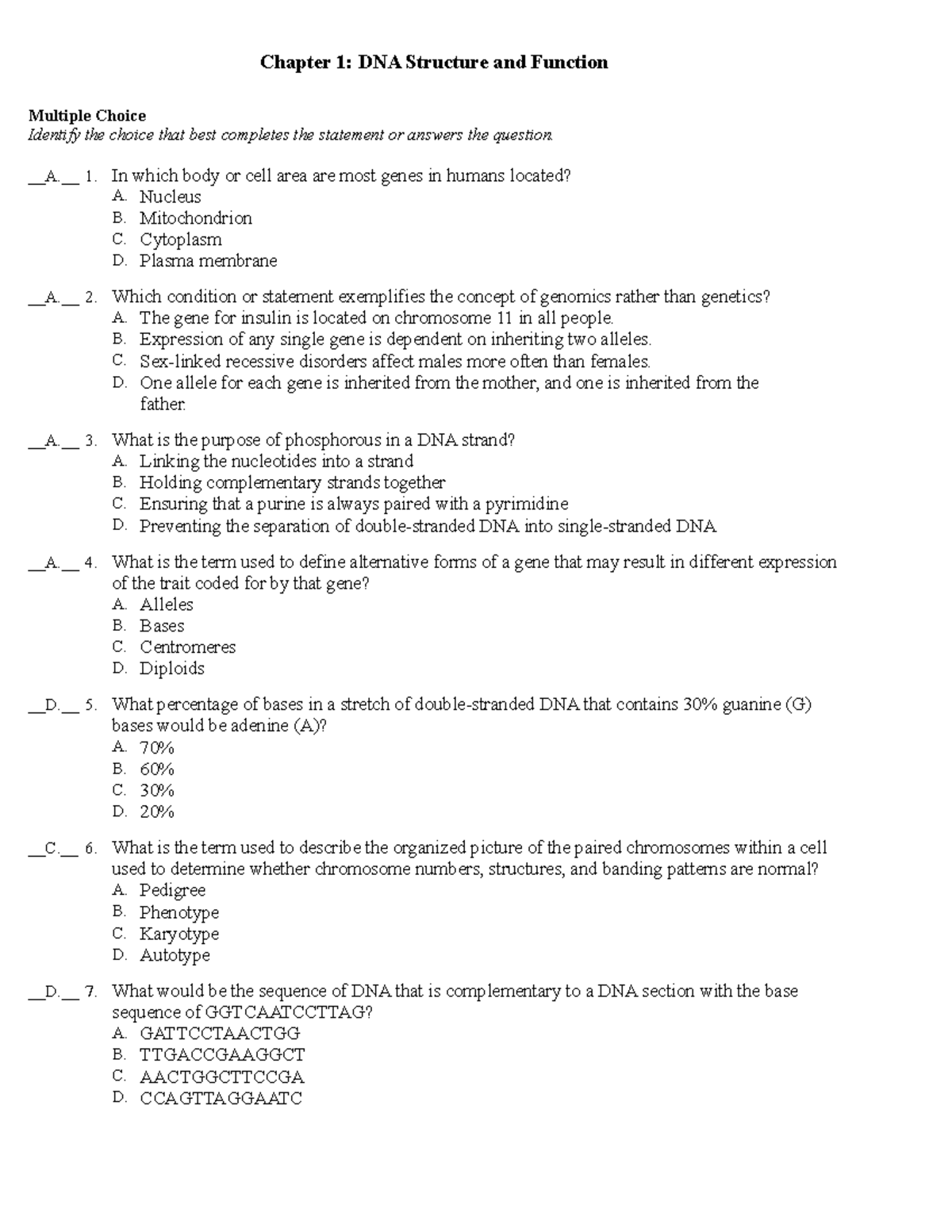 DNA Structure and Function - Practice Questions - CH1 - Chapter 1: DNA ...