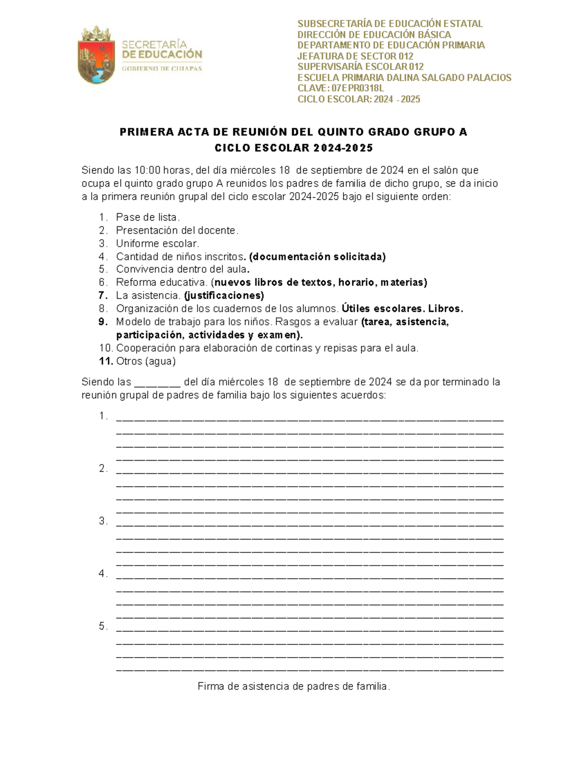 Primera ACTA DE Reunión DEL 1 Grado Grupo A Ciclo Escolar 2024 ...