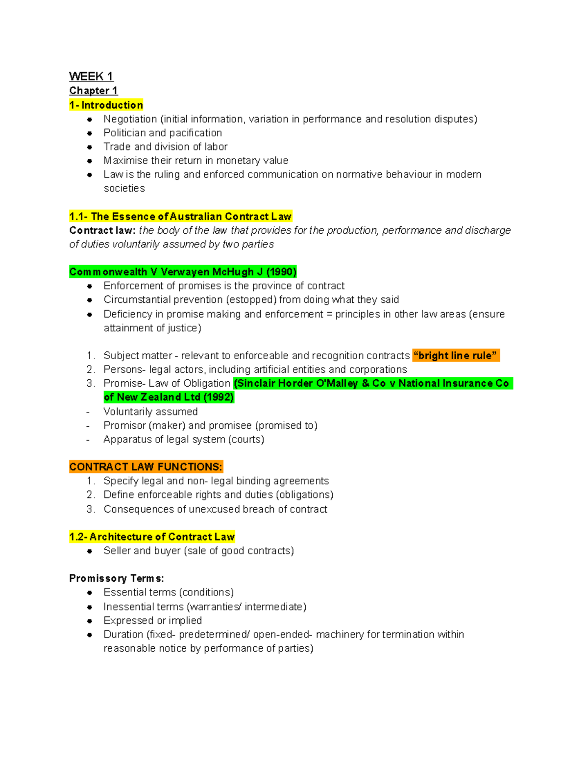 Chapter Notes - Summary Contract Law - WEEK 1 Chapter 1 1- Introduction ...