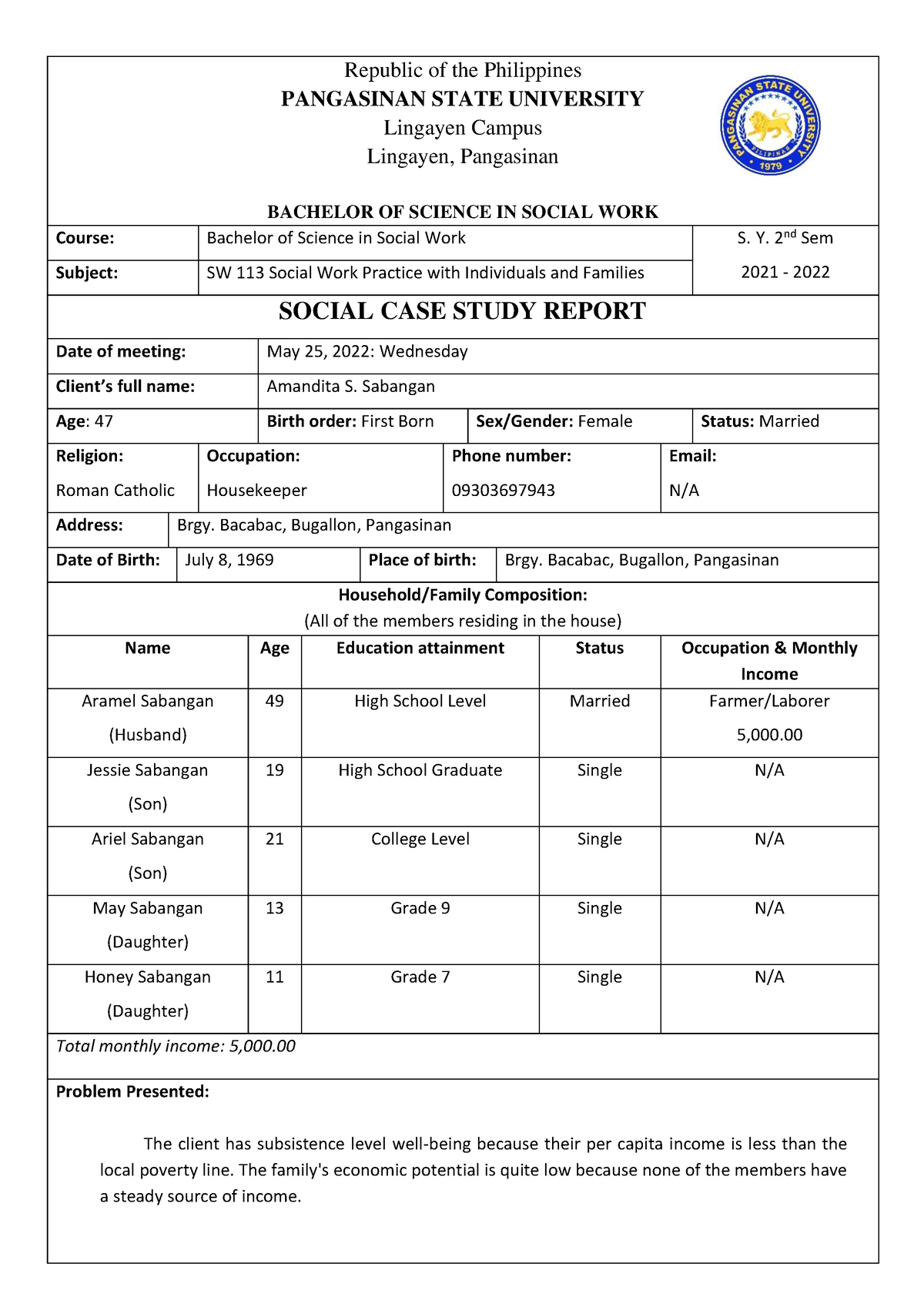 Mendoza Ericka Grace S Social Case Study Report Republic Of The 