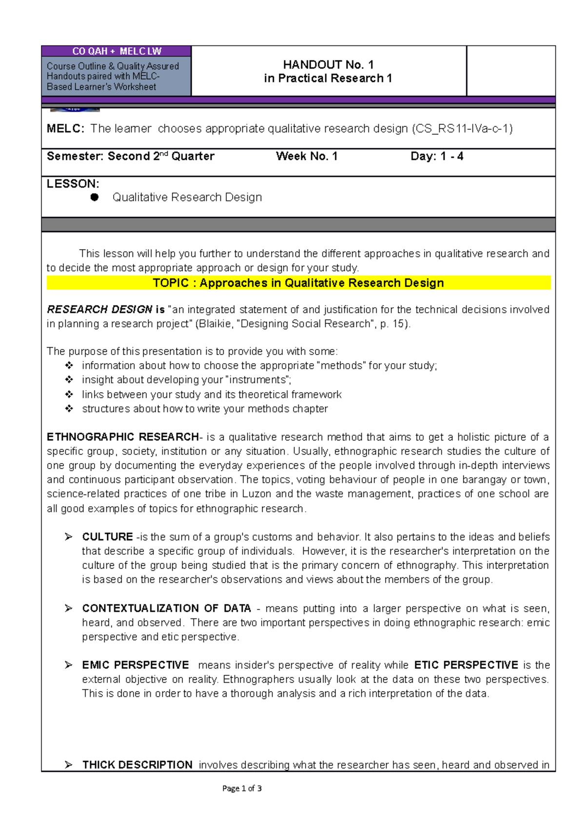 Handouts 1 - Practical Research 1 - CO QAH + MELC LW HANDOUT No. 1 in ...
