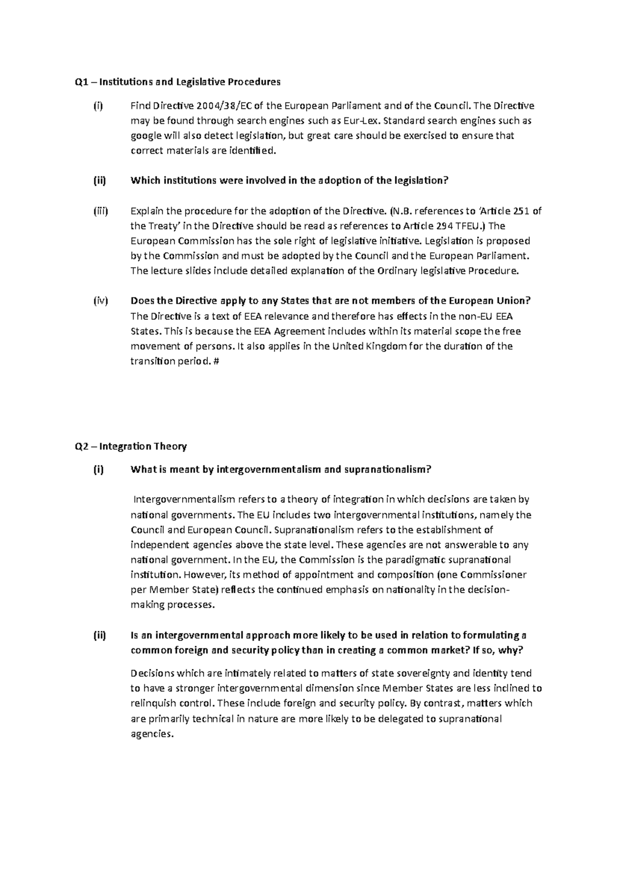 Tutorial 1 notes - EU Institutional Issues - Q1 – Institutions and ...