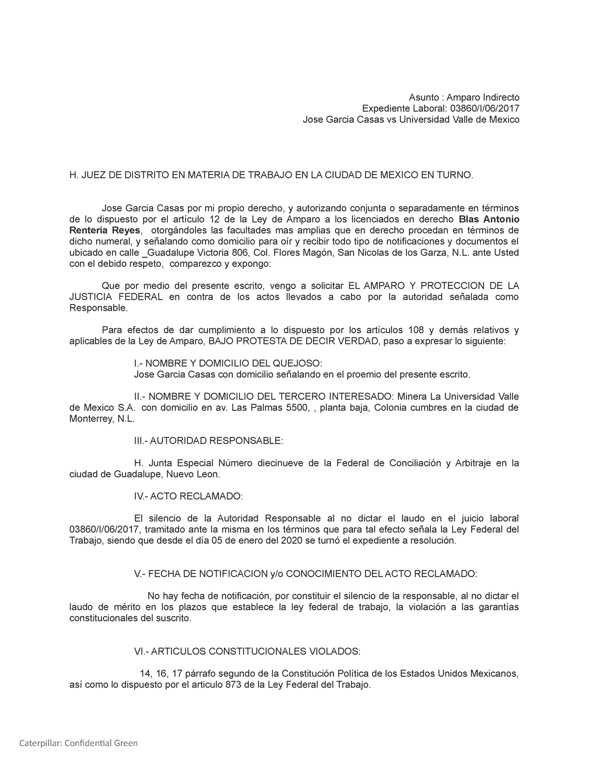 Demanda de Amparo Indirecto- BARR - Asunto : Amparo Indirecto Expediente  Laboral: 03860/I/06/ Jose - Studocu