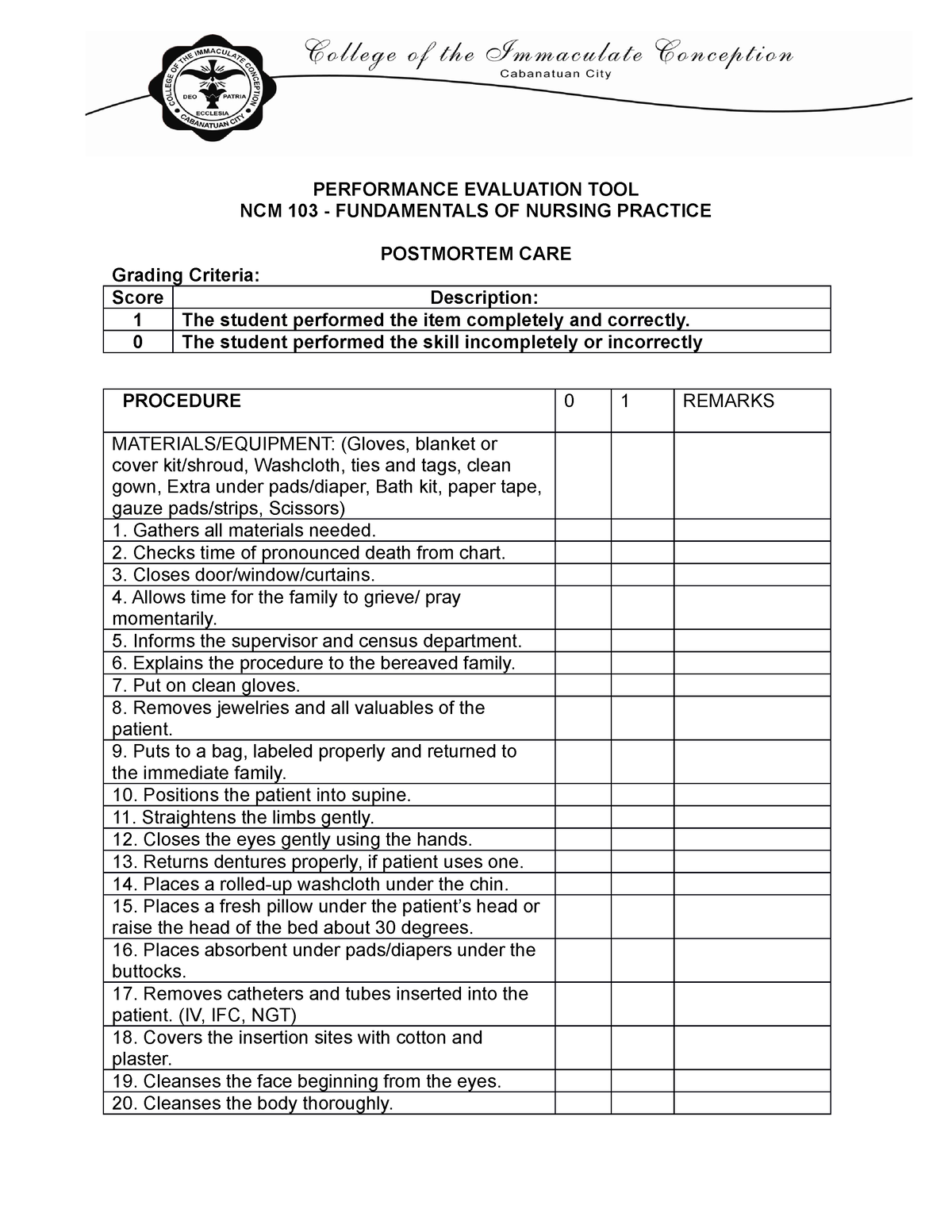 Post Mortem Care Checklist Performance Evaluation Tool Ncm Fundamentals Of Nursing