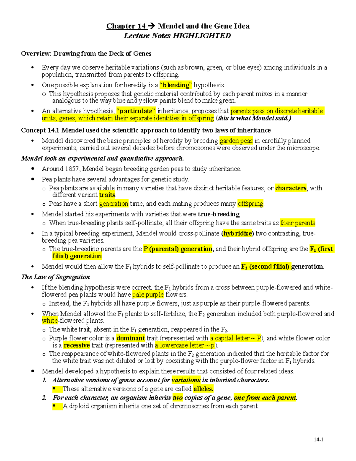Chapter 14 - Highlighted Notes - Chapter 14 Mendel and the Gene Idea ...
