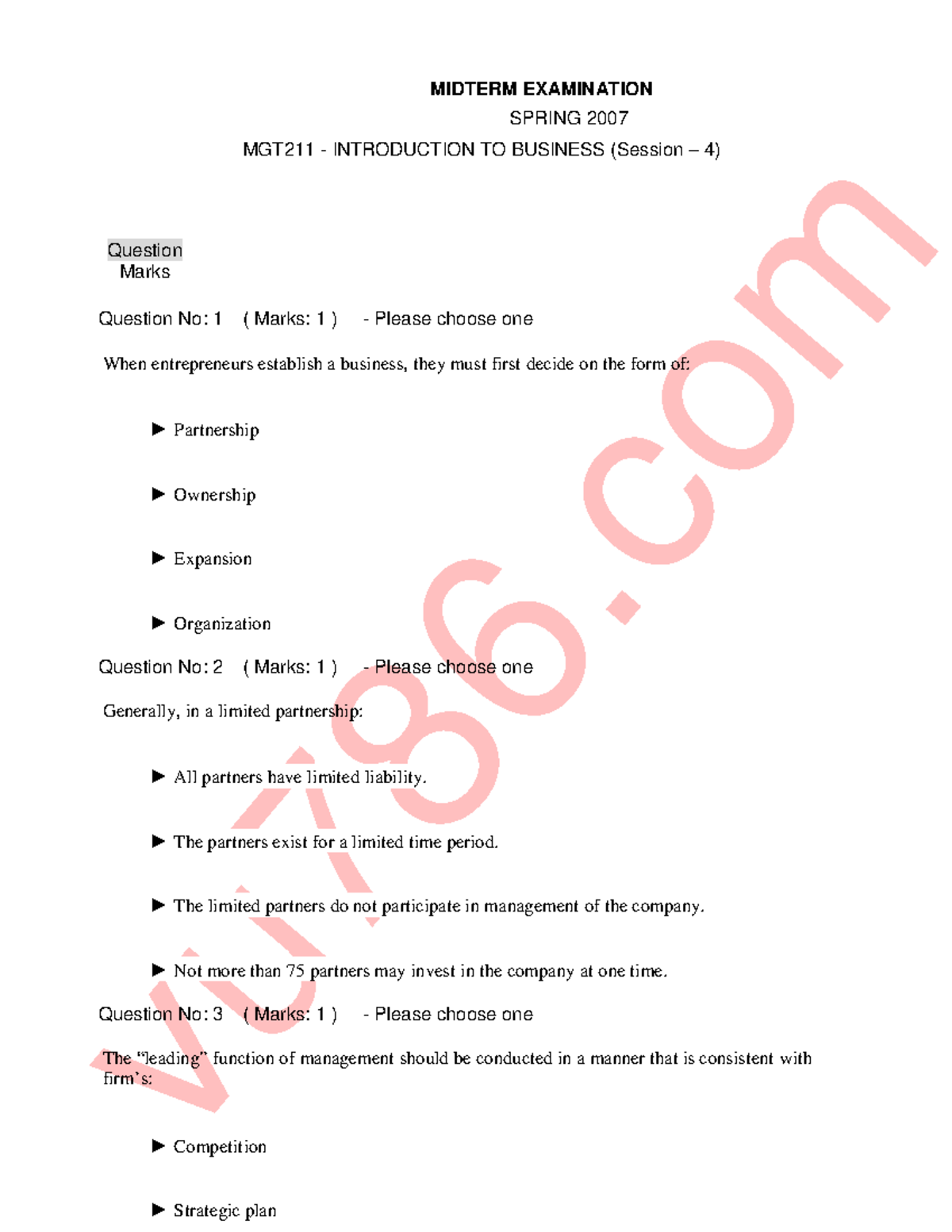 Mgt211 Mid Term 1 Www - Vu786 MIDTERM EXAMINATION SPRING 2007 MGT211 ...