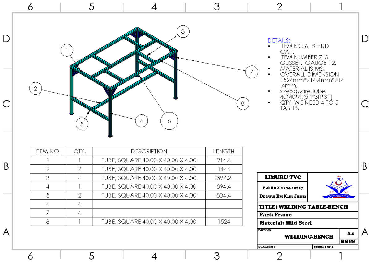 Welding bench frame design square tube 40x40x2 MS - 3 7 8 64 5 2 1 ...