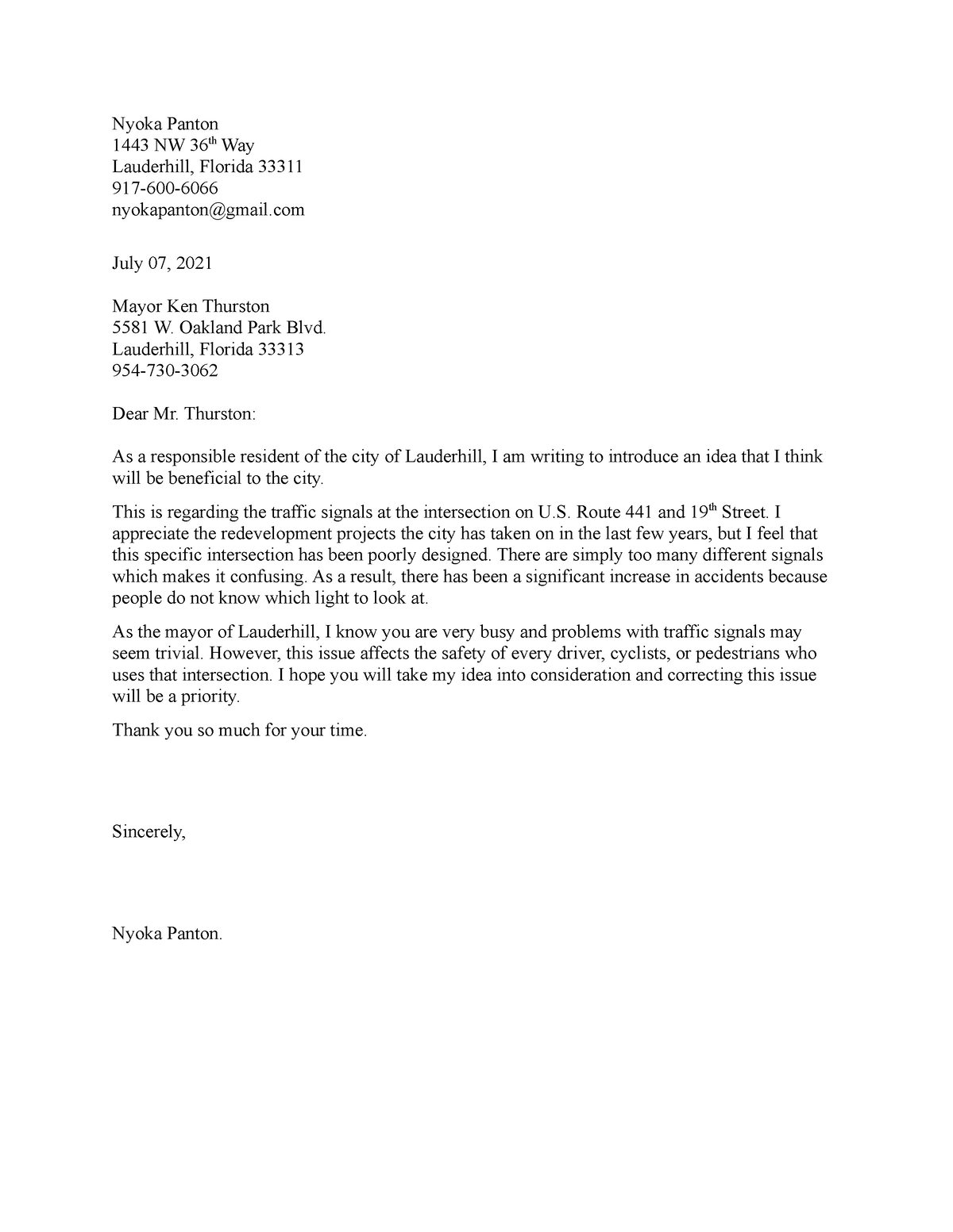 Panton Letter to Mayor - Homework - Nyoka Panton 1443 NW 36th Way ...