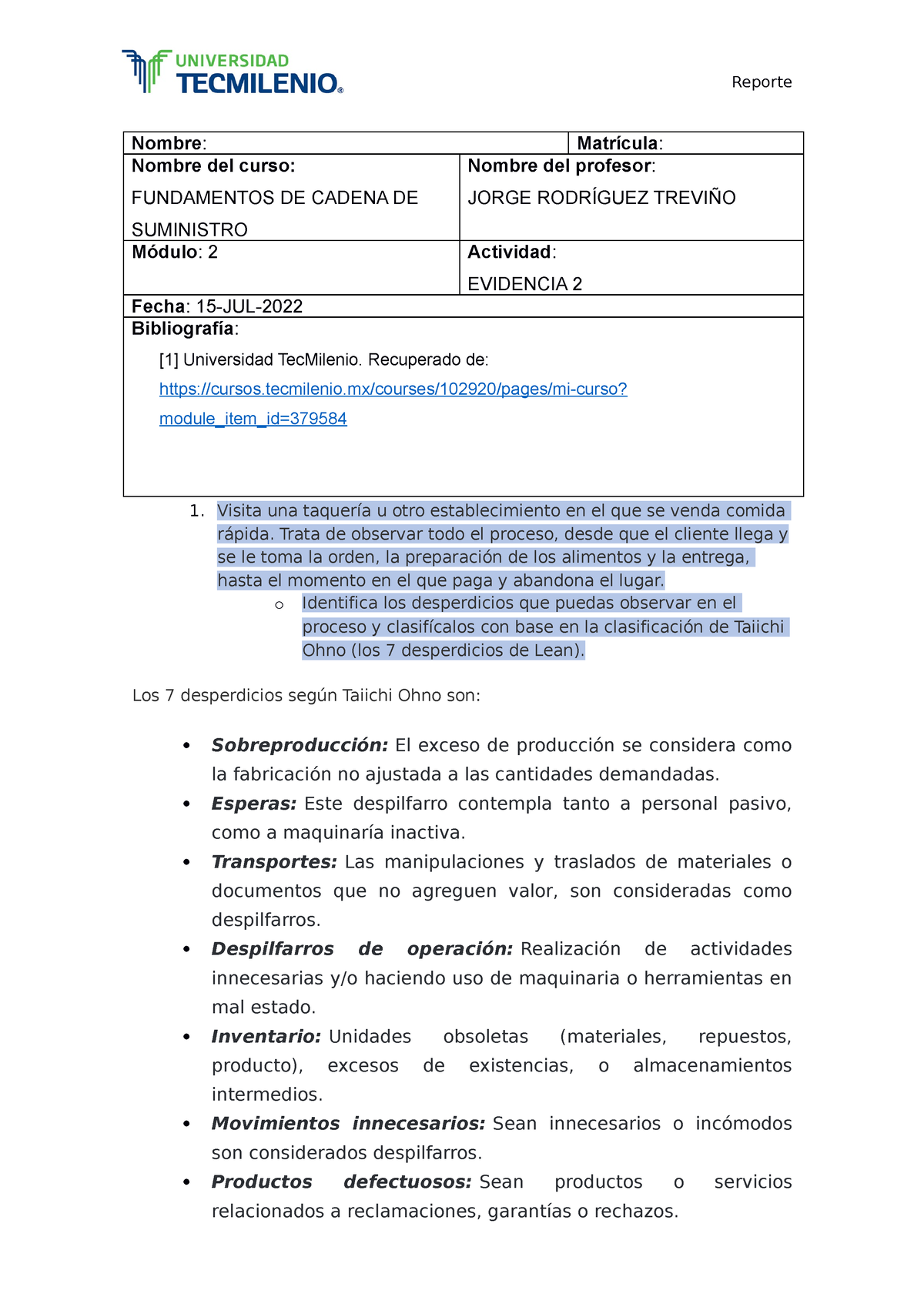 Evidencia 2 Fundamentos De Cadena De Suministro Nombre Matrícula Nombre Del Curso