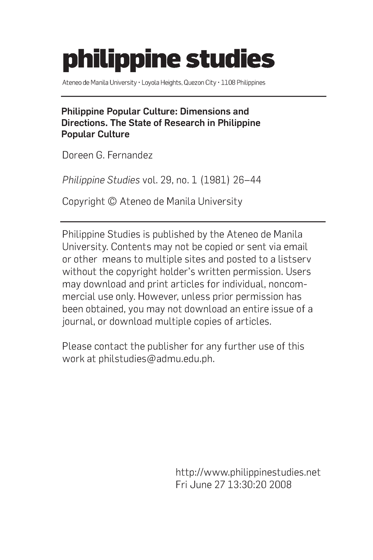 Philippine Pop Culture Doreen G Fernandez Pdf Notes Philippine Studies Ateneo De Manila Studocu