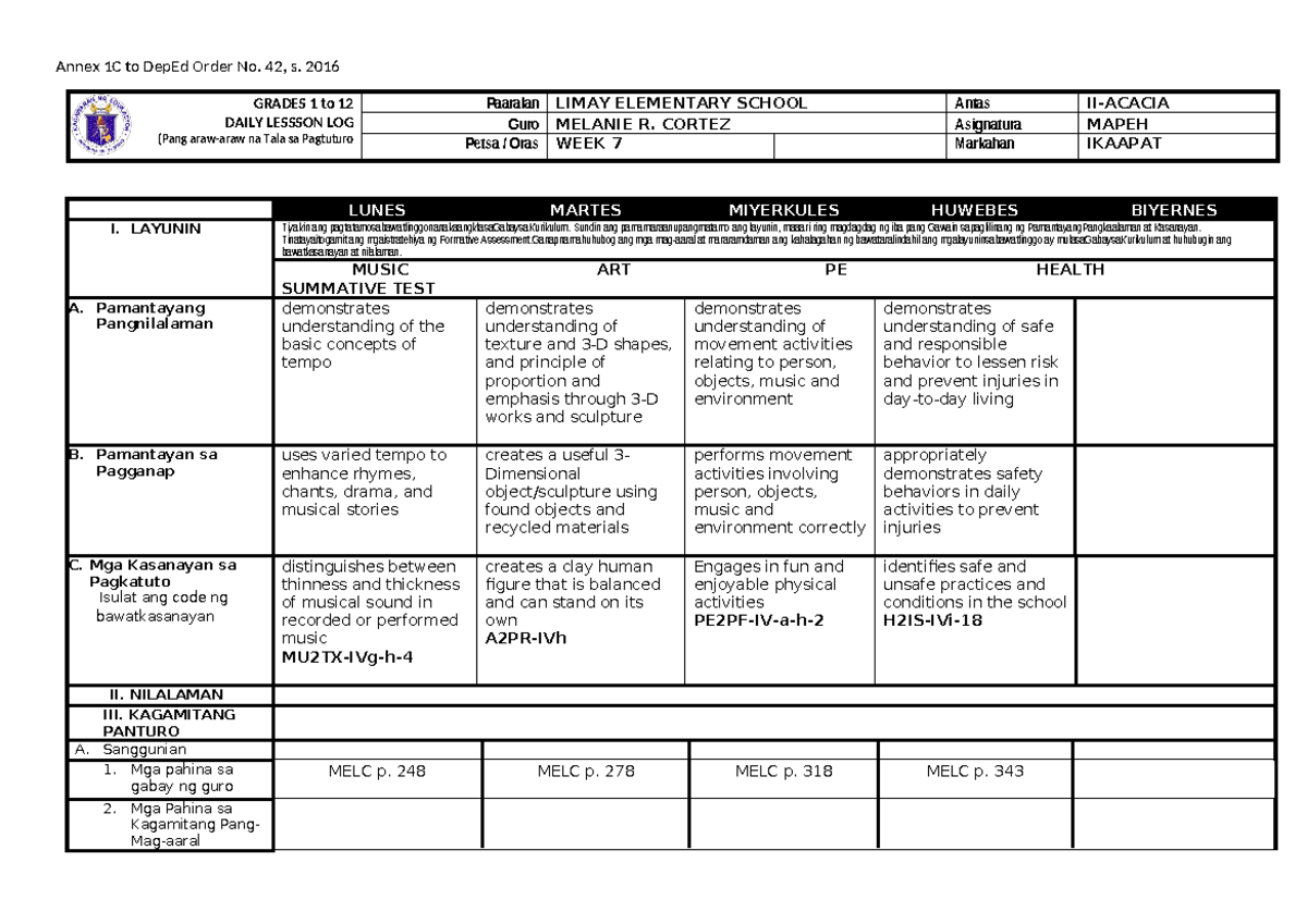 Q4- Mapeh-WEEK 7 - LECTURE NOTES MODULE - GRADES 1 to 12 DAILY LESSSON ...