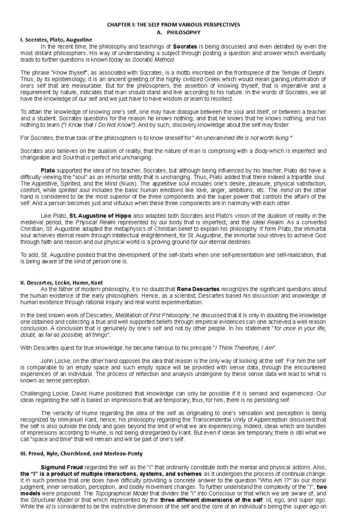 Uts chapter 1 reviewer - CHAPTER I: THE SELF FROM VARIOUS PERSPECTIVES ...