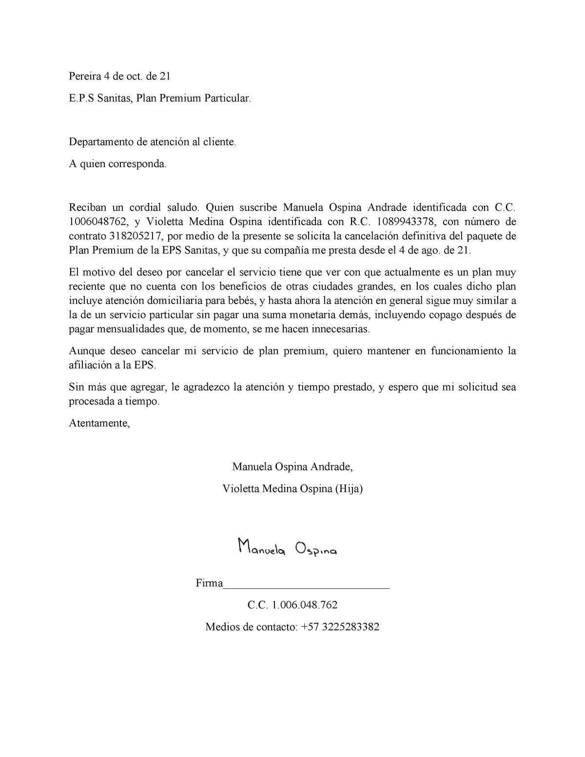Carta de Cancelación EPS Sanitas Manuela Ospina - Pereira 4 de oct. de 21   Sanitas, Plan Premium - Studocu