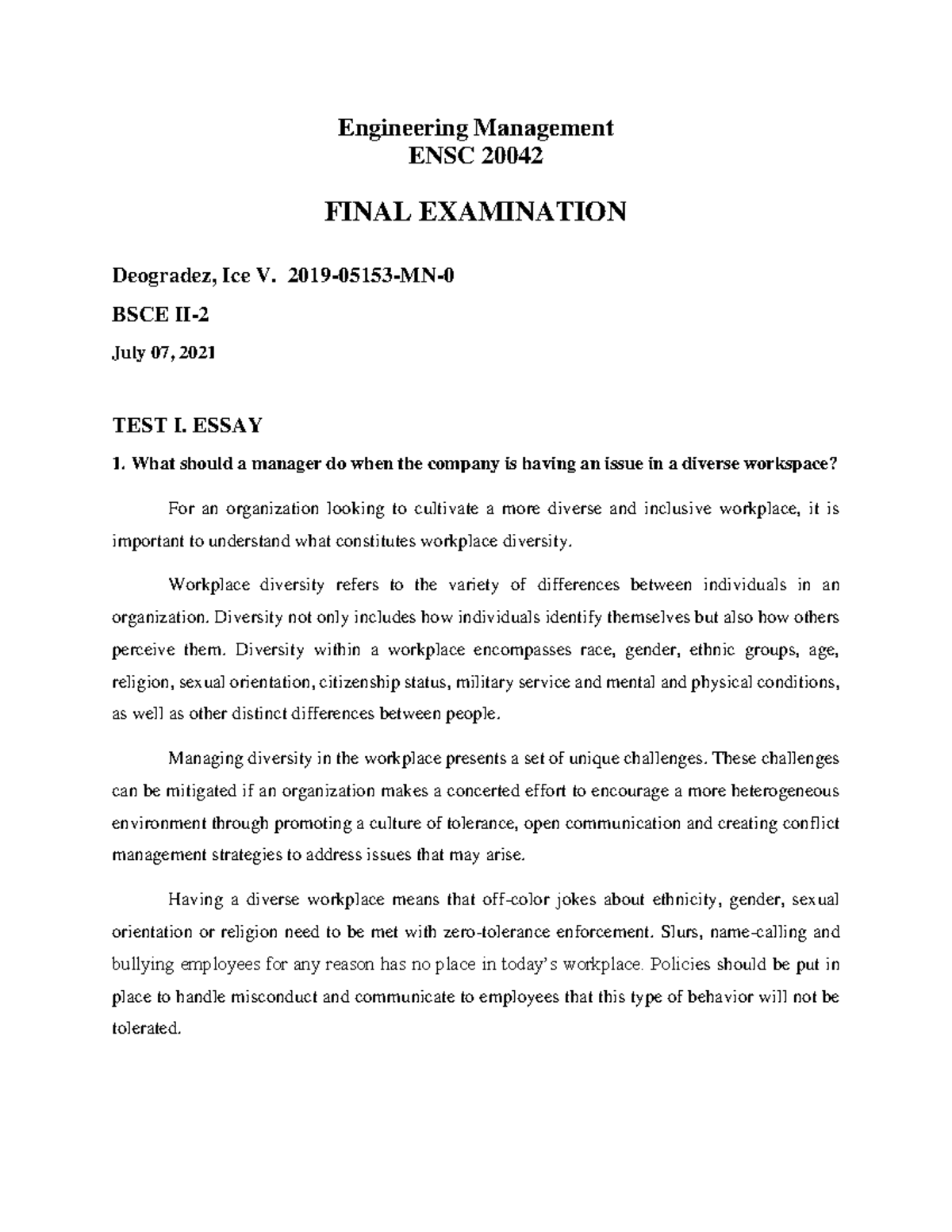 Engineering Management Final - Engineering Management ENSC 20042 FINAL ...