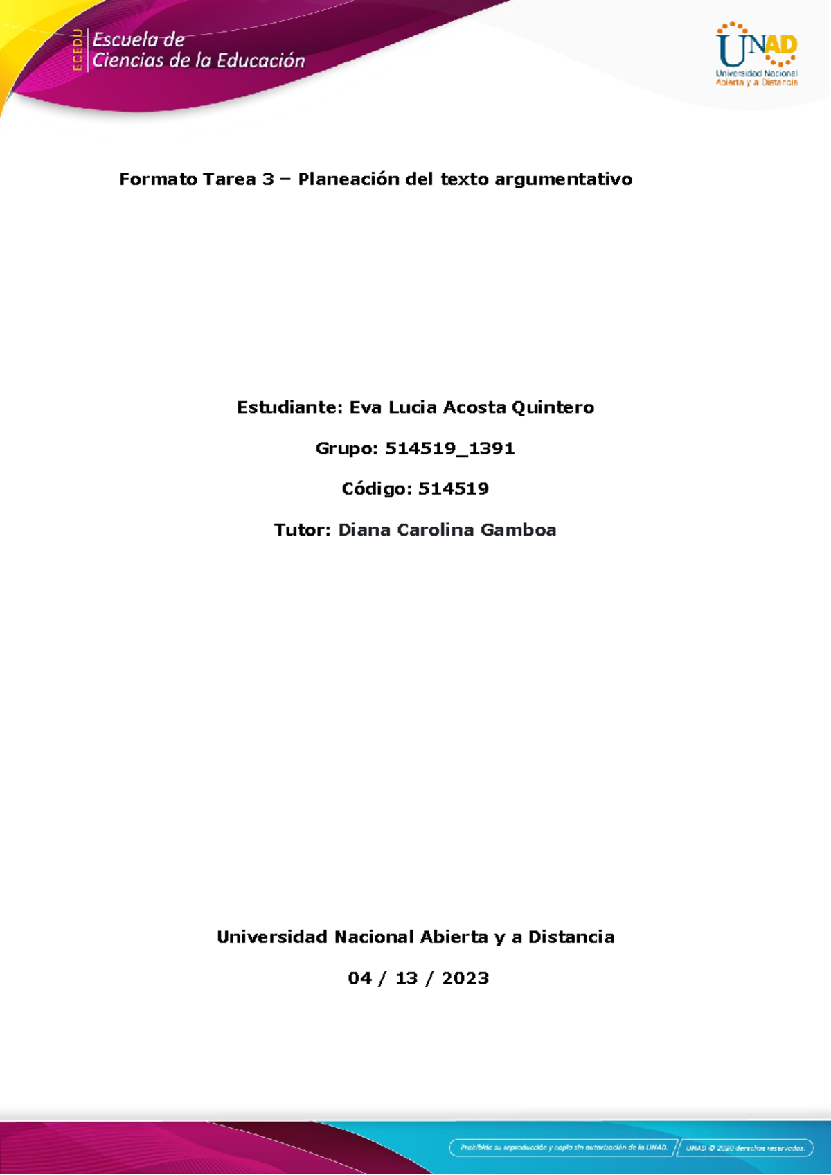 Anexo 1 - Fomato Tarea 3 -Planeación del texto argumentativo - Formato ...