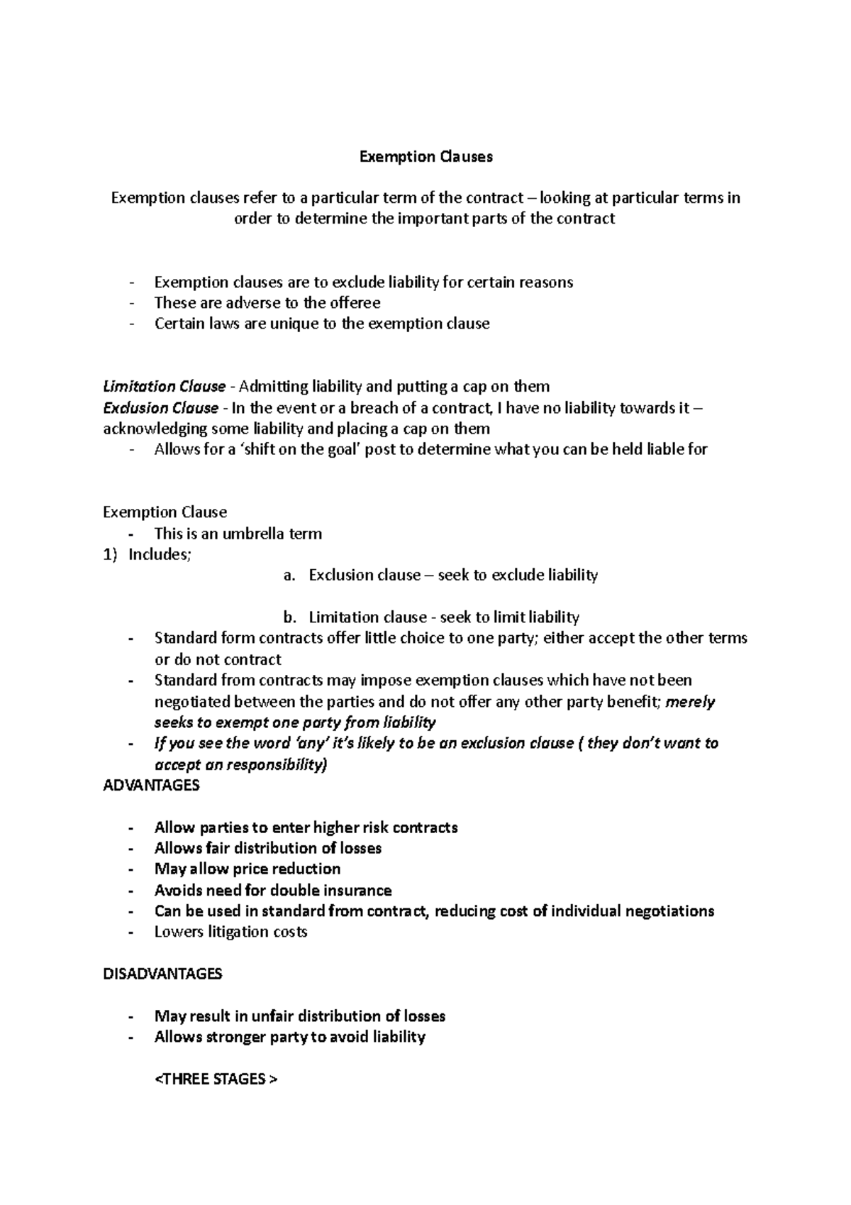 25th February 2019 - contract notes - Exemption Clauses Exemption ...