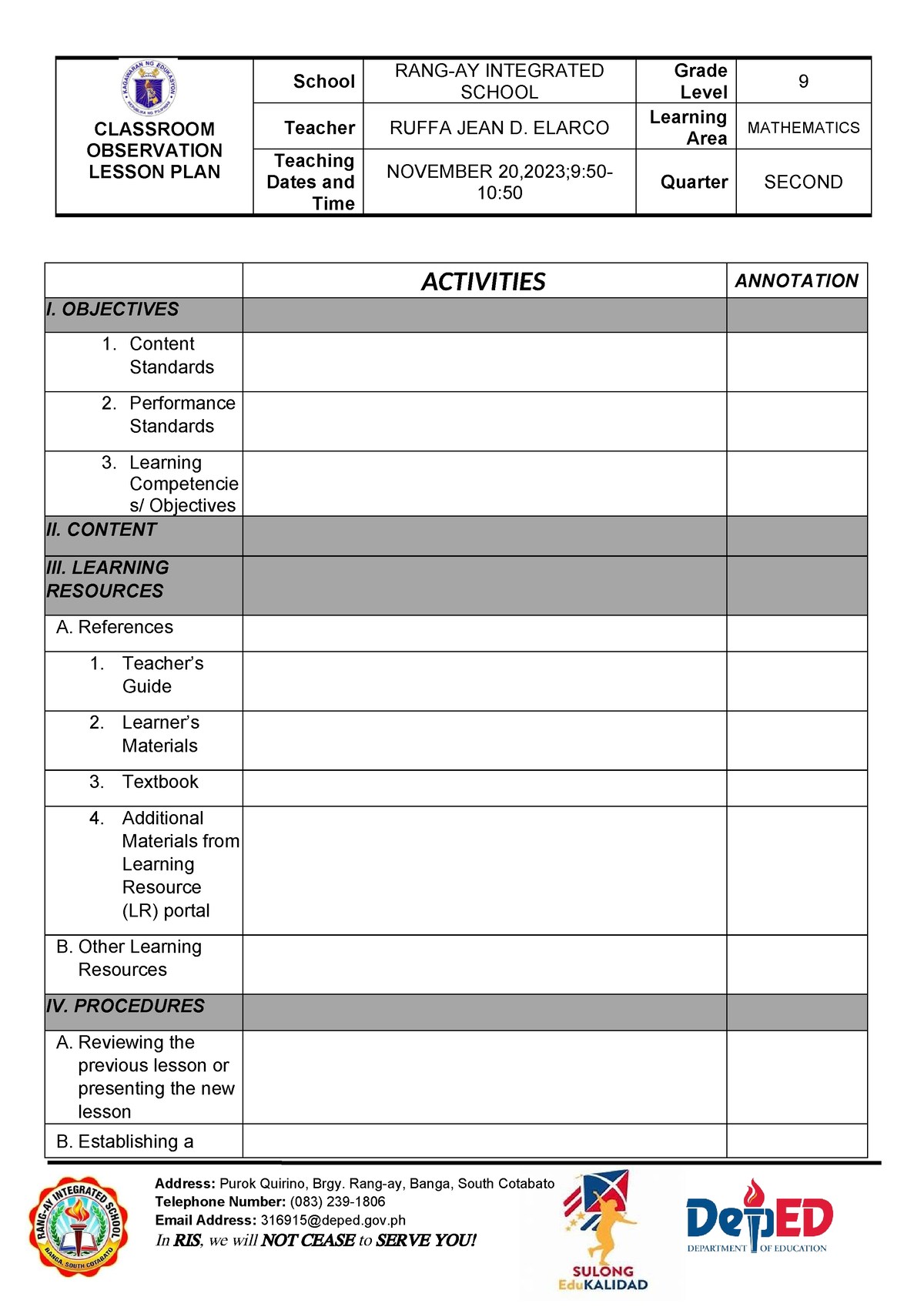 Cot Lesson Plan Format Cot Classroom Observation Lesson Plan School Rang Ay Integrated 9479