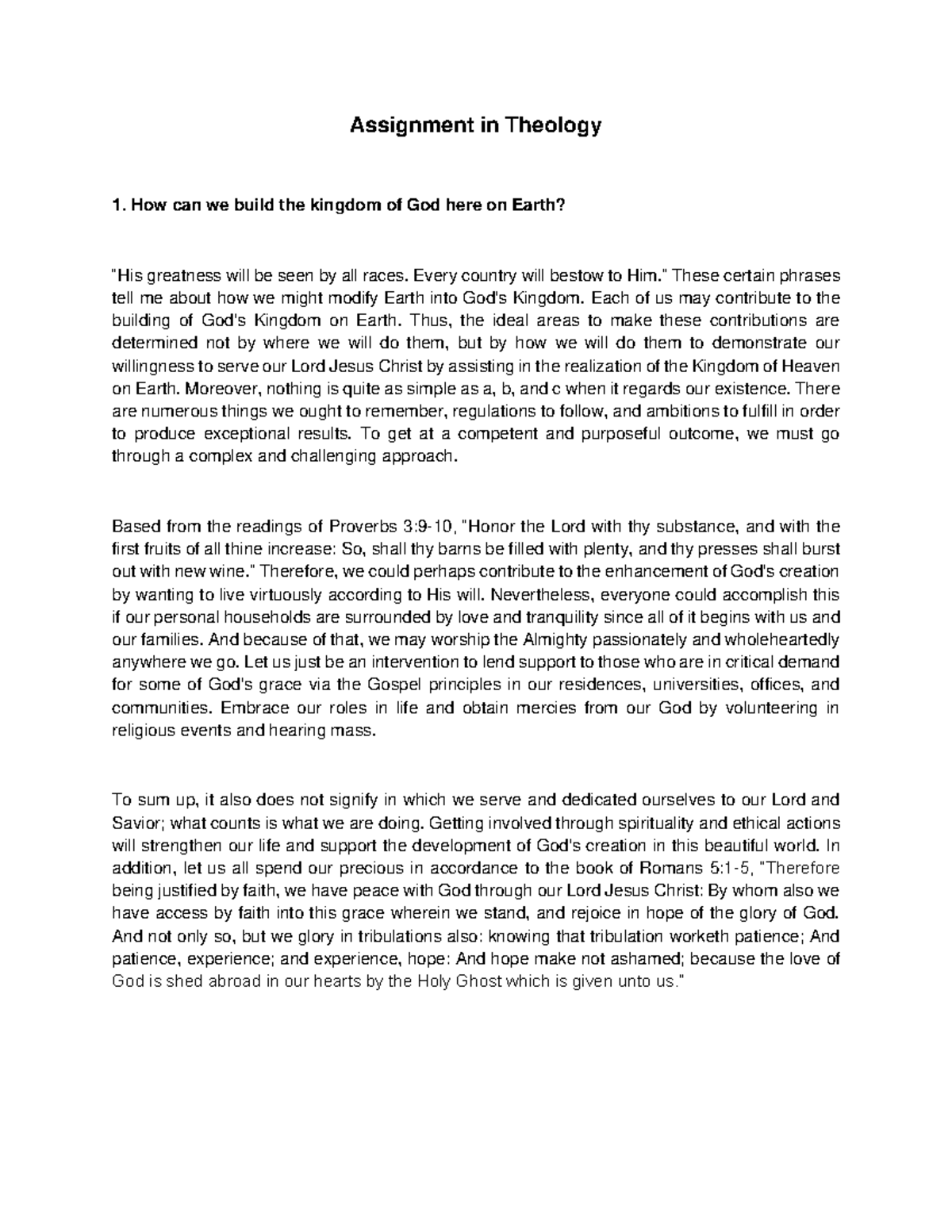 Theology - Assignment in Theology How can we build the kingdom of God ...