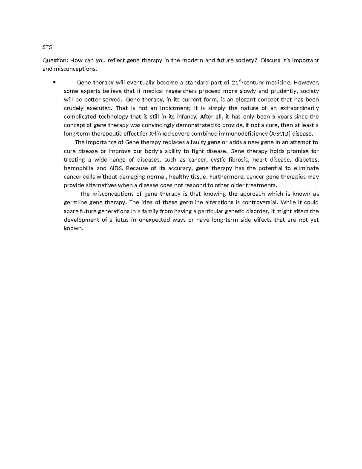 Document 1 STS - STS Question: How can you reflect gene therapy in the ...