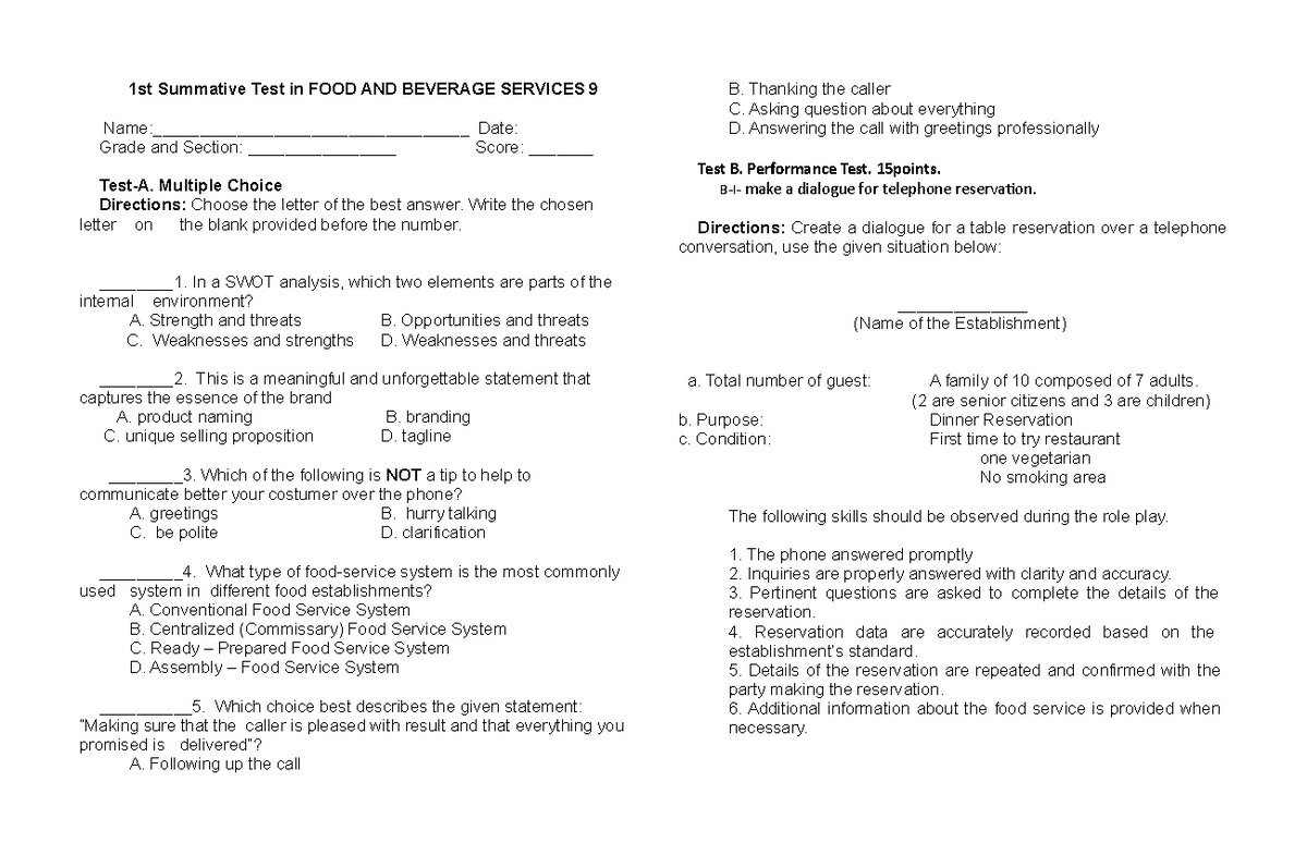 1st Summative test in FOOD AND Beverage Services 1st Summative Test