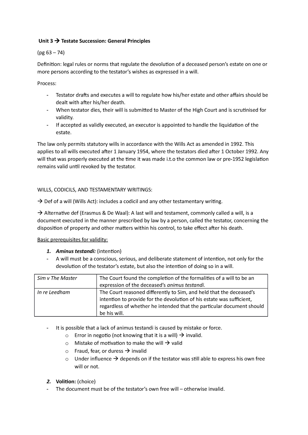 Succession Unit 3 + 4 - Textbook and Case Law Summaries - Unit 3 ...