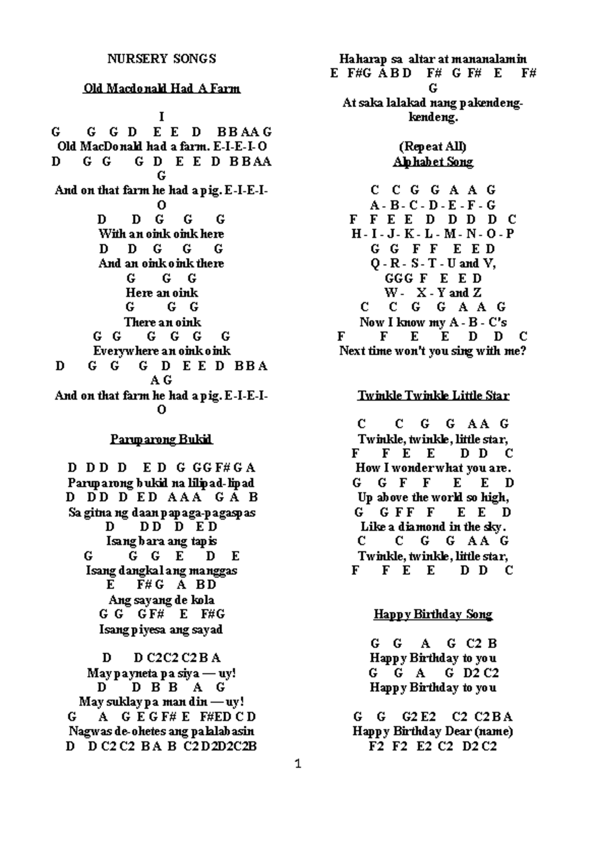 Flute-LYRE Notes - NURSERY SONGS Old Macdonald Had A Farm I G G G D E E ...