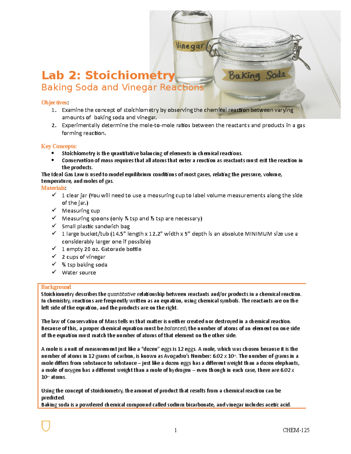 CHEM125 Lab 2 Lab 2 Assignment Lab 2 Stoichiometry Baking Soda and Vinegar Reactions Studocu