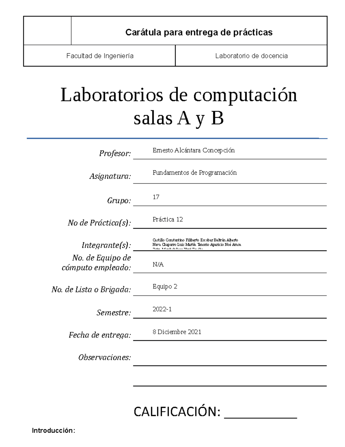 Practica 12Fprog equipo 2 - Carátula para entrega de prácticas Facultad ...