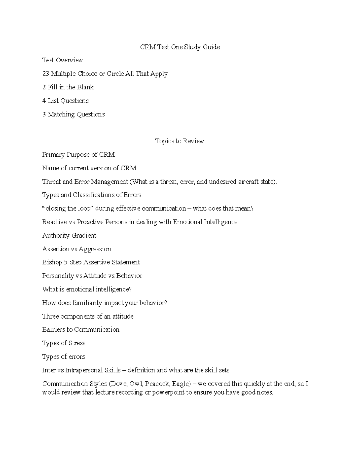 CRM Test One Study Guide - Types and Classifications of Errors “closing ...