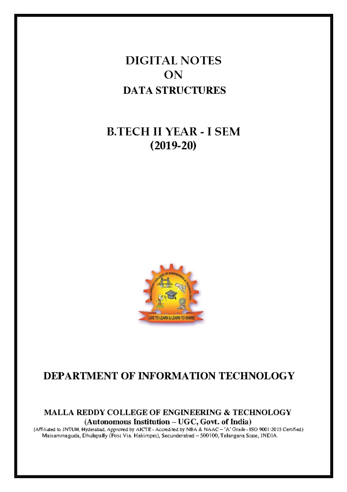 Modified Mrcet Notes - DIGITAL NOTES ON DATA STRUCTURES B II YEAR - I ...