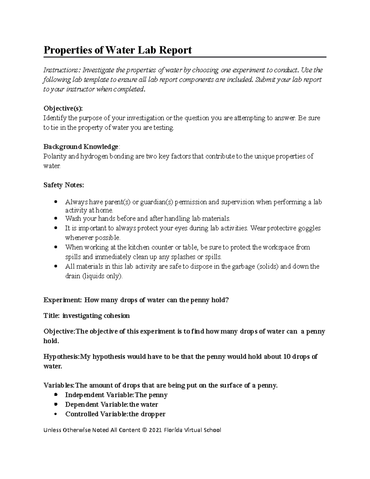 02 01 properties of water lab report - Properties of Water Lab Report ...