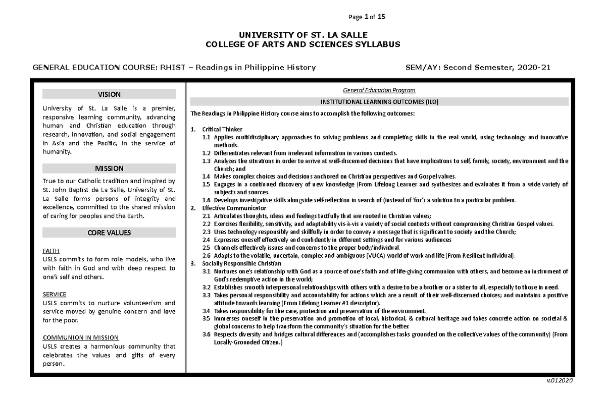 RHist-Syllabus-2nd-Sem-2021-1 - UNIVERSITY OF ST. LA SALLE COLLEGE OF ...