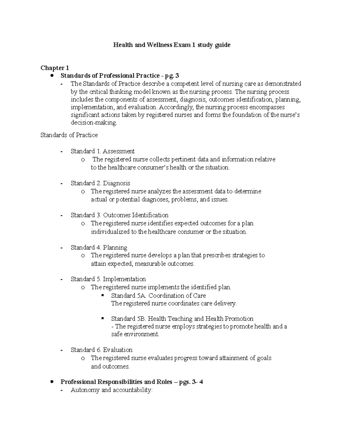 Health and Wellness Exam 1 study guide - 3 The Standards of Practice ...