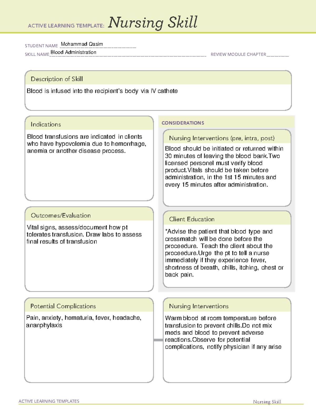 Blood Admnistratoin ati template skill ACTIVE LEARNING TEMPLATES