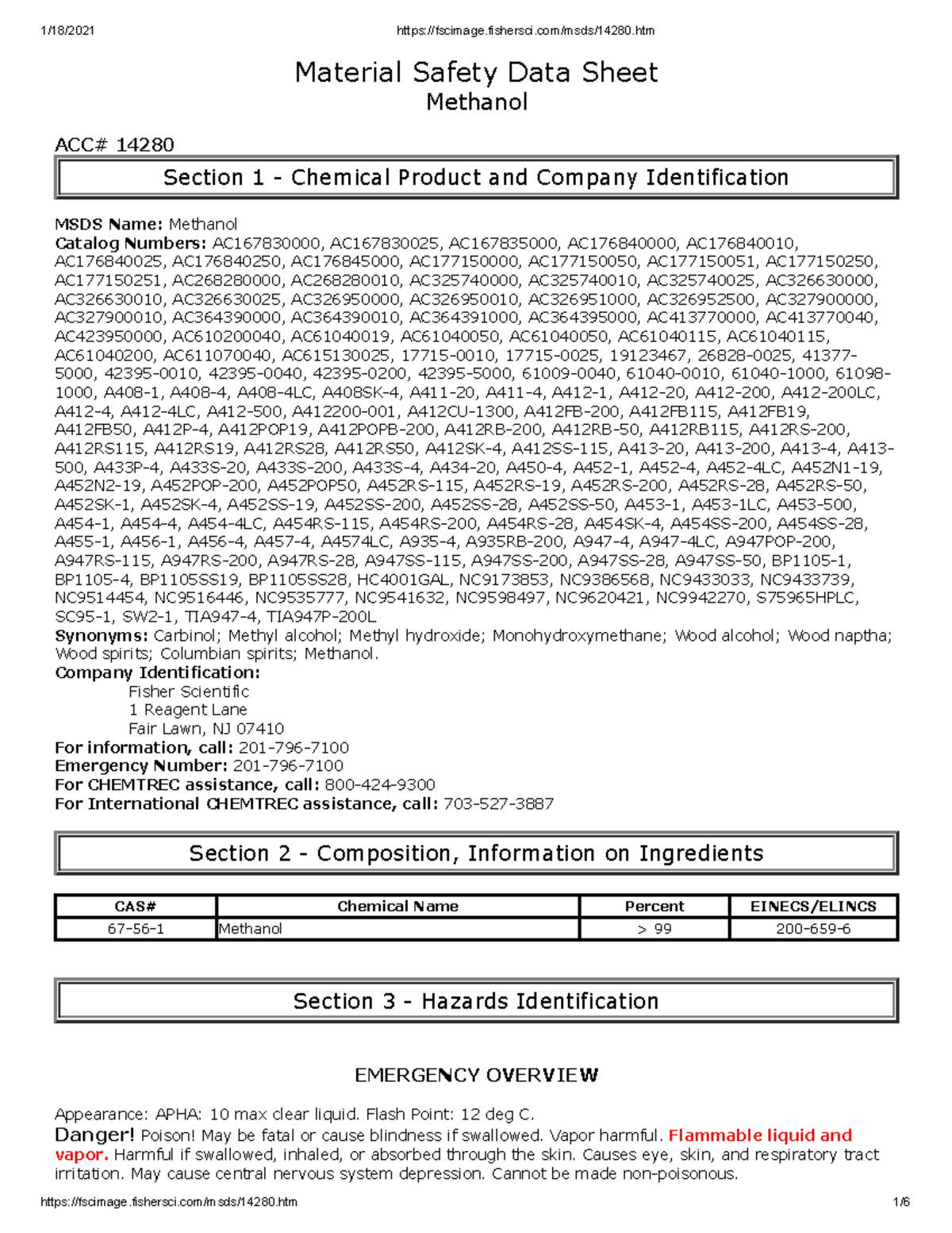 Methanol Msd - Material Safety Data Sheet Methanol ACC# 14280 Section 1 ...