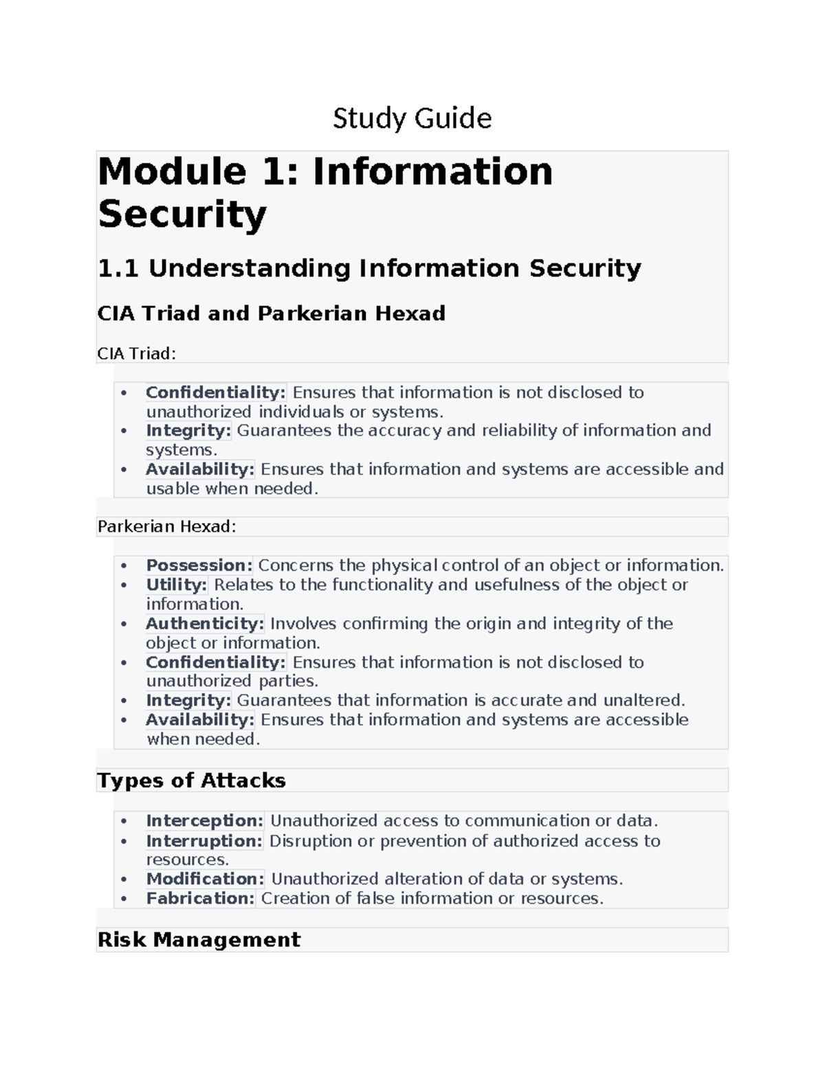 Study Guide D430 - Study Guide Module 1: Information Security 1 ...