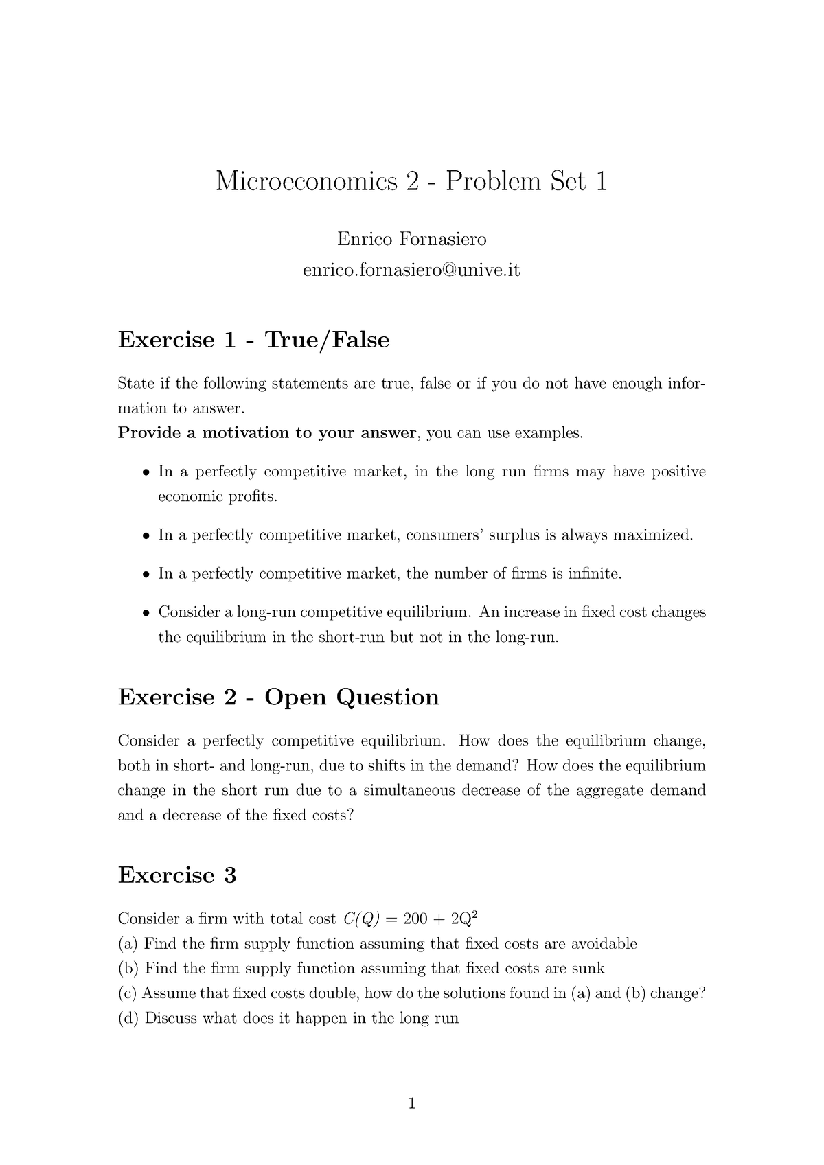 Microeconomics 2 Problem Set 1 - Microeconomics 2 - Problem Set 1 ...