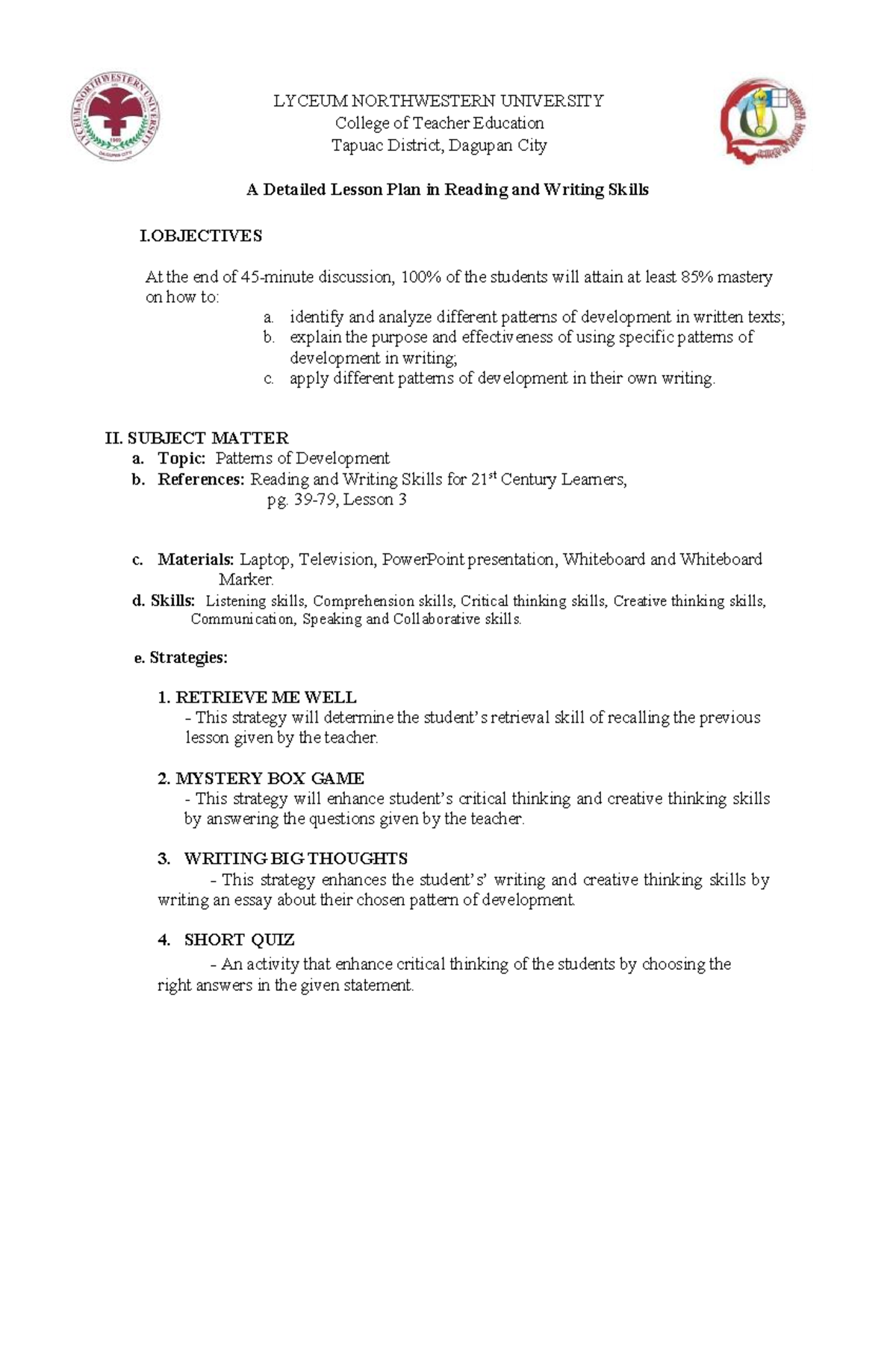 DLPPatterns Of DevelopmentReading And Writing Skills 1 LYCEUM