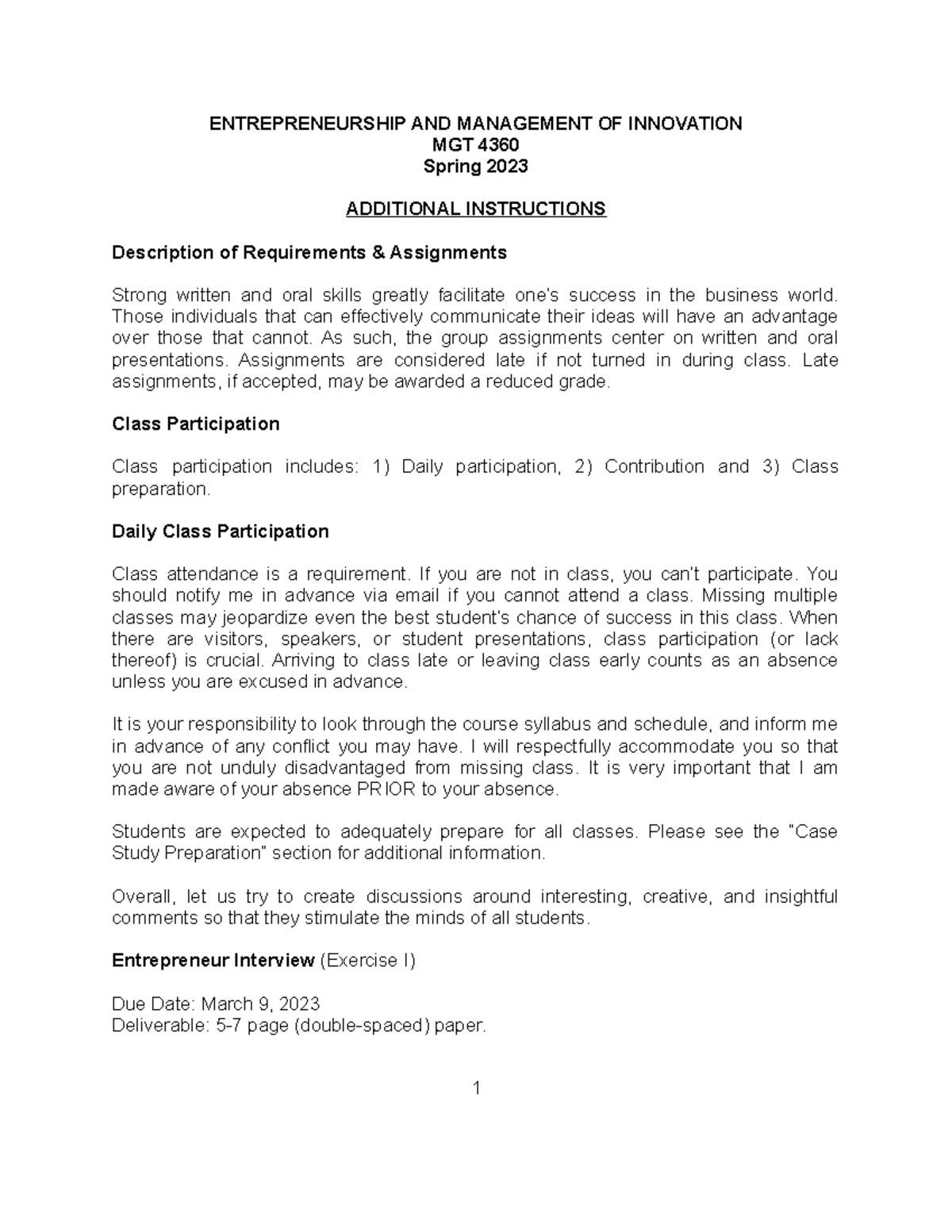 Additional Course Instructions For Students - ENTREPRENEURSHIP AND ...