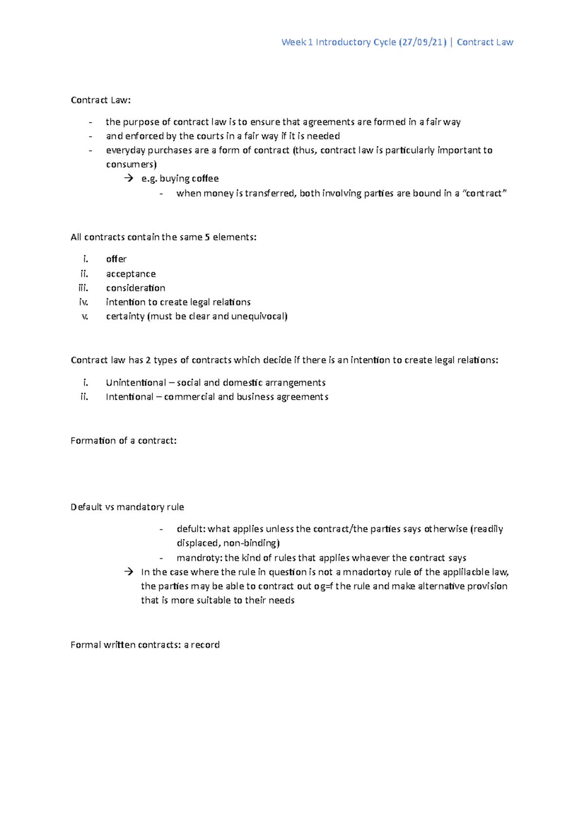 Contract Law Notes Week 1 Introductory Cycle 27 09 21 Contract Law Contract Law The Contract Law Notes Week 1 Introductory Cycle 27 09 21 Contract Law Contract Law The